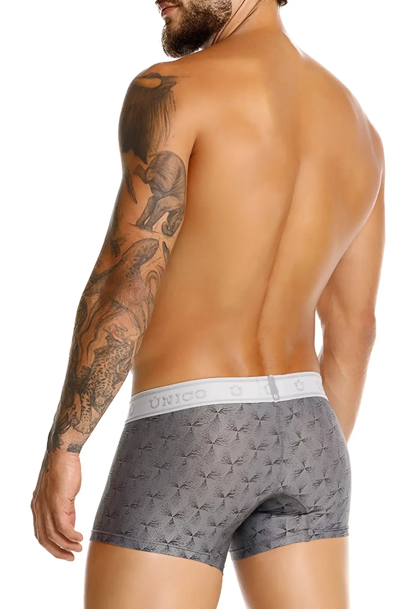 Gray patterned Unico 25050100103 Chisell trunks with white elastic waistband featuring the Unico brand name