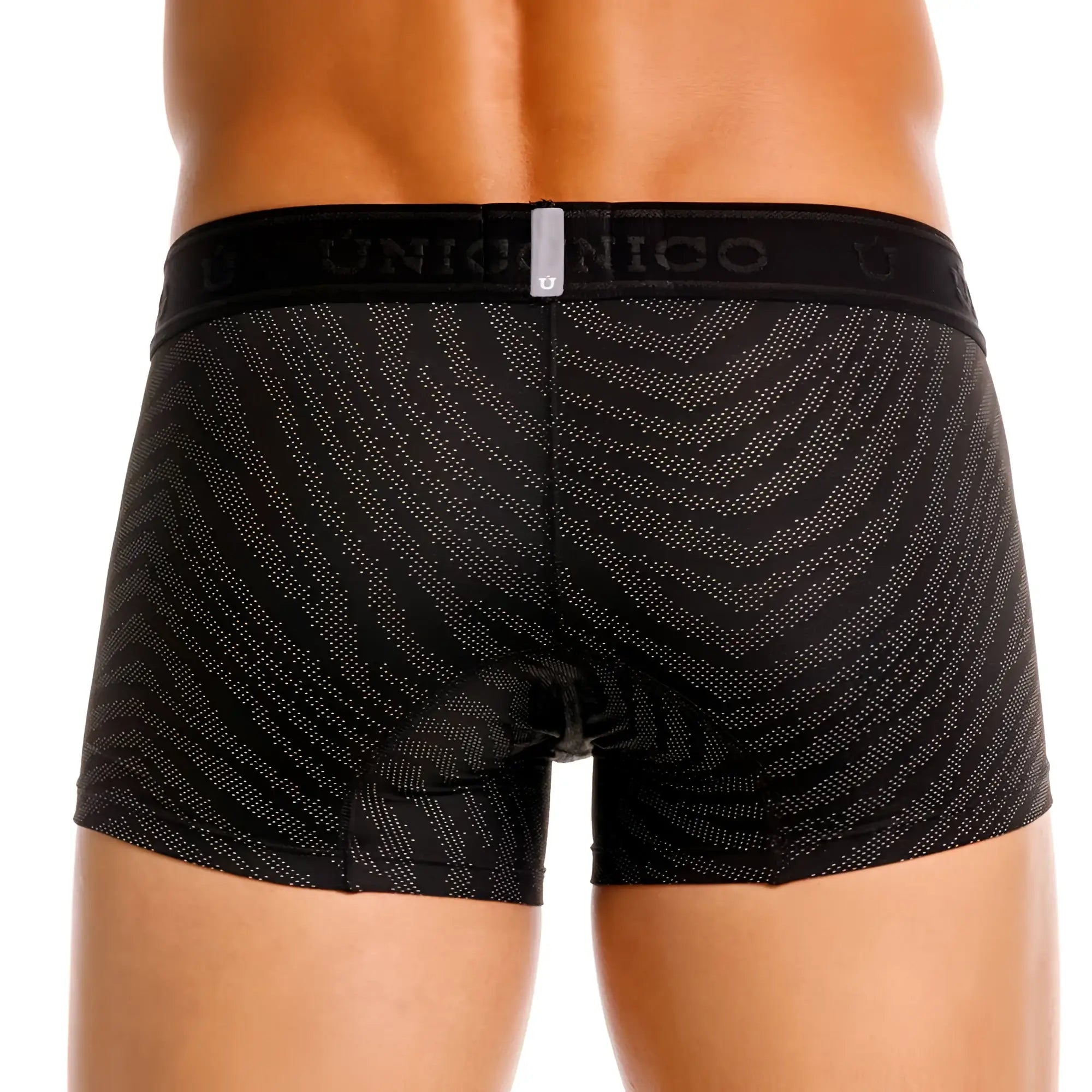 Black unico boxer briefs with subtle silver geometric pattern and branded elastic waistband in color 99-black
