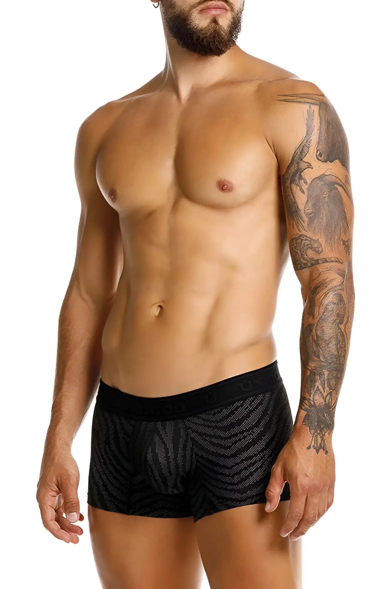 Black Unico 25050100104 Zelmur trunks with subtle zebra stripe pattern and elastic waistband with brand logo