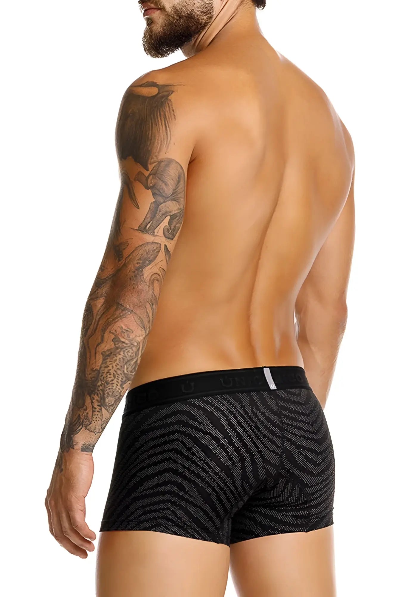 Unico 25050100104 Zelmur black boxer briefs with subtle zebra stripe pattern and branded elastic waistband
