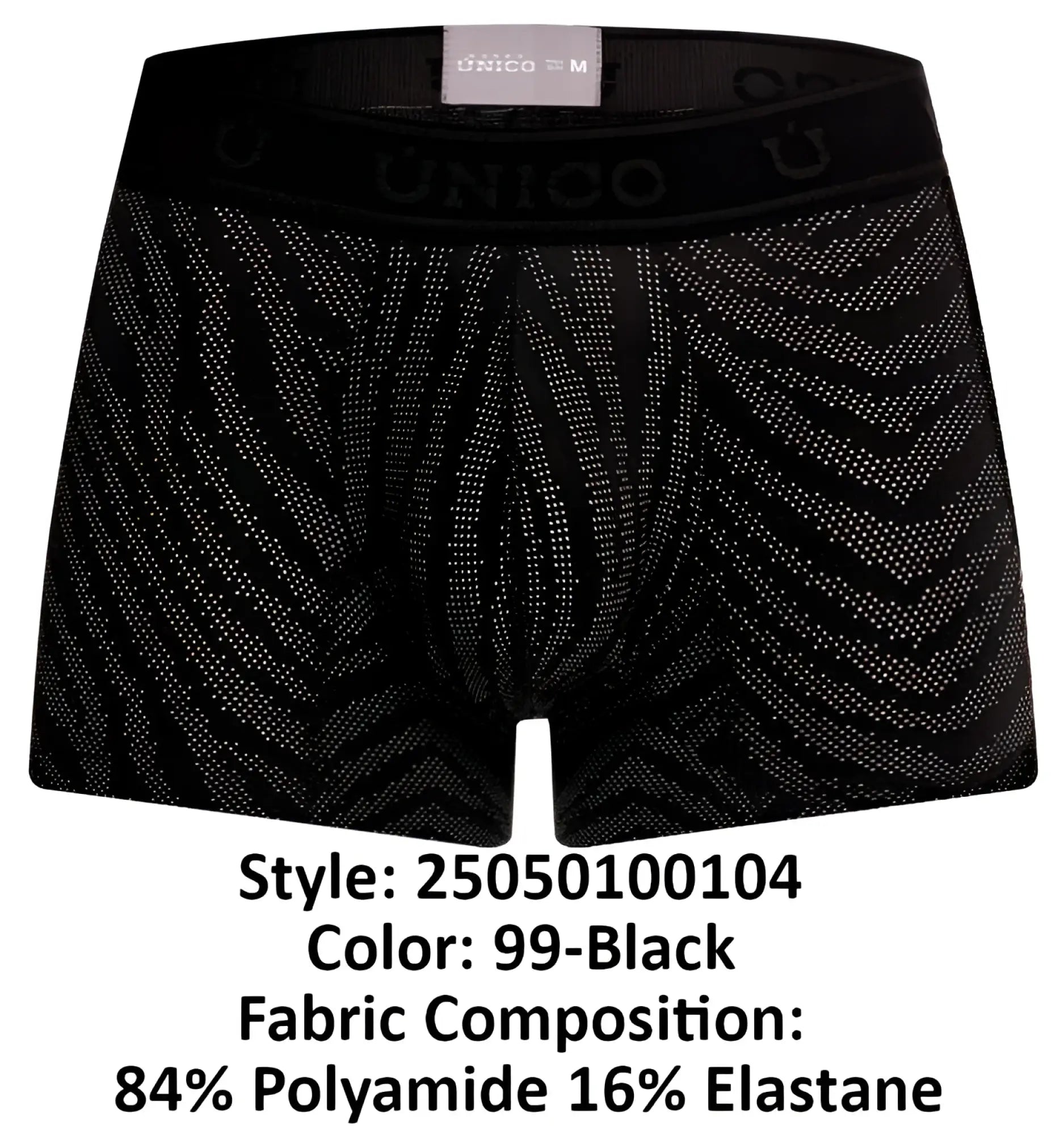 Black unico 25050100104 zelmur trunks with subtle geometric dot pattern and elastic waistband in black