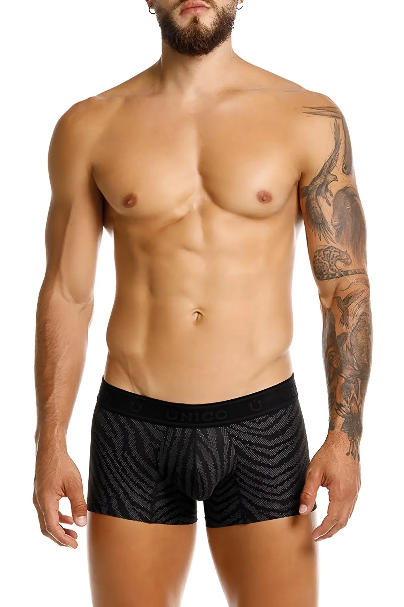Black patterned Unico 25050100104 Zelmur trunks with sleek modern design and unico embroidered waistband in color 99-black