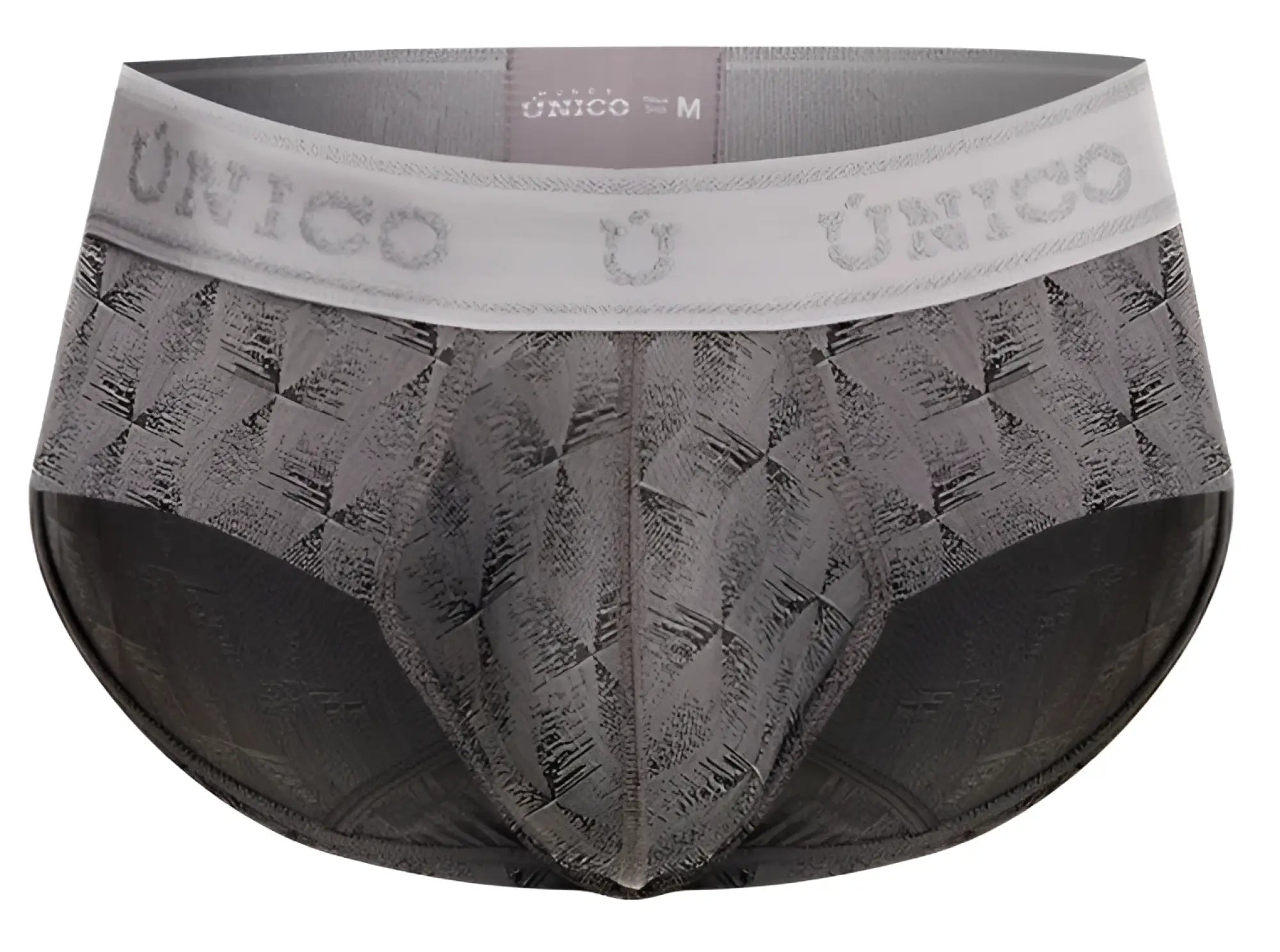 Unico 25050101103 Chisell briefs in gray with a white waistband featuring the Unico brand name and pattern design