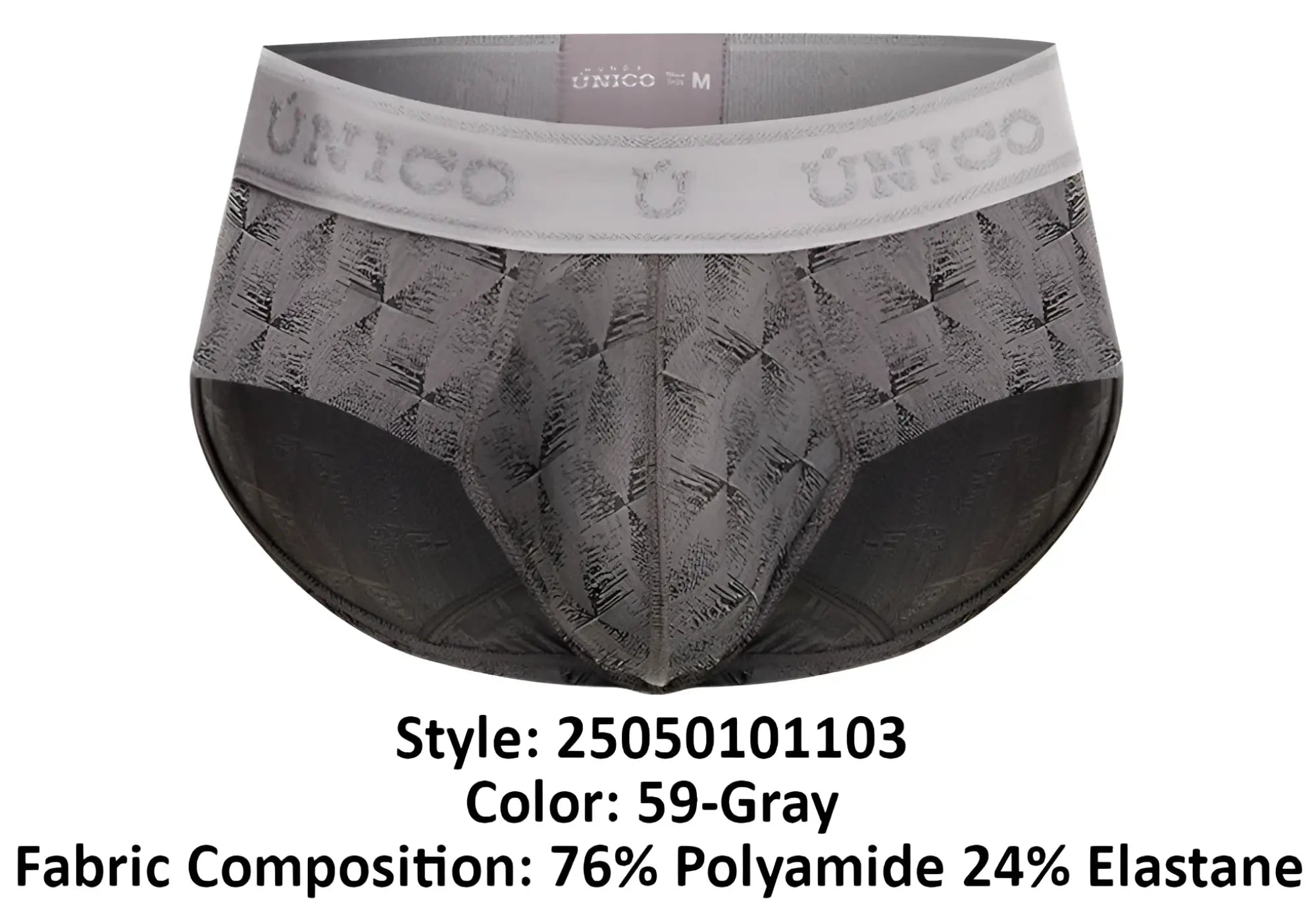 Unico 25050101103 chisell briefs in gray with a textured geometric pattern and elastic waistband with Unico branding