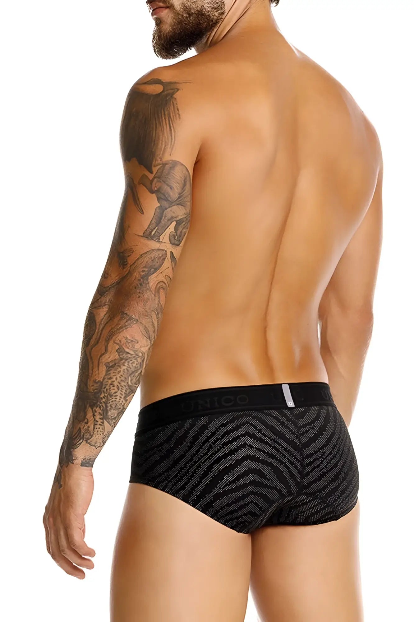 Unico 25050101104 Zelmur briefs black with gray textured zigzag pattern and black elastic waistband with Unico brand name