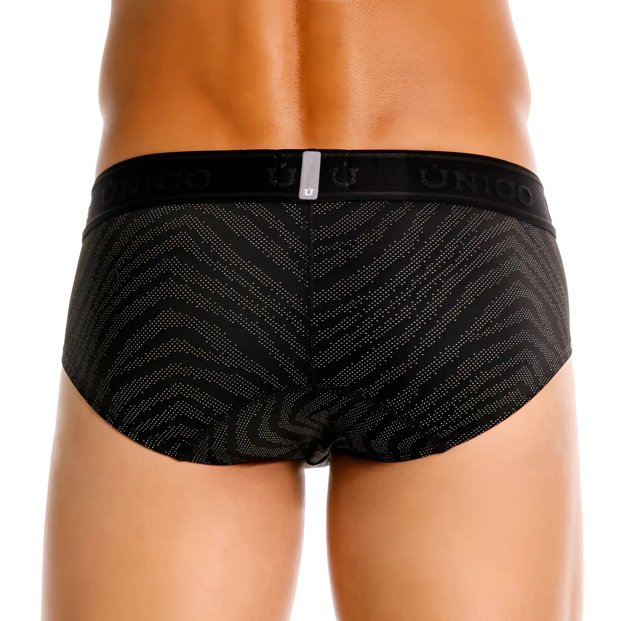Black unico 25050101104 zelmur briefs with subtle geometric silver dots and branded elastic waistband in black