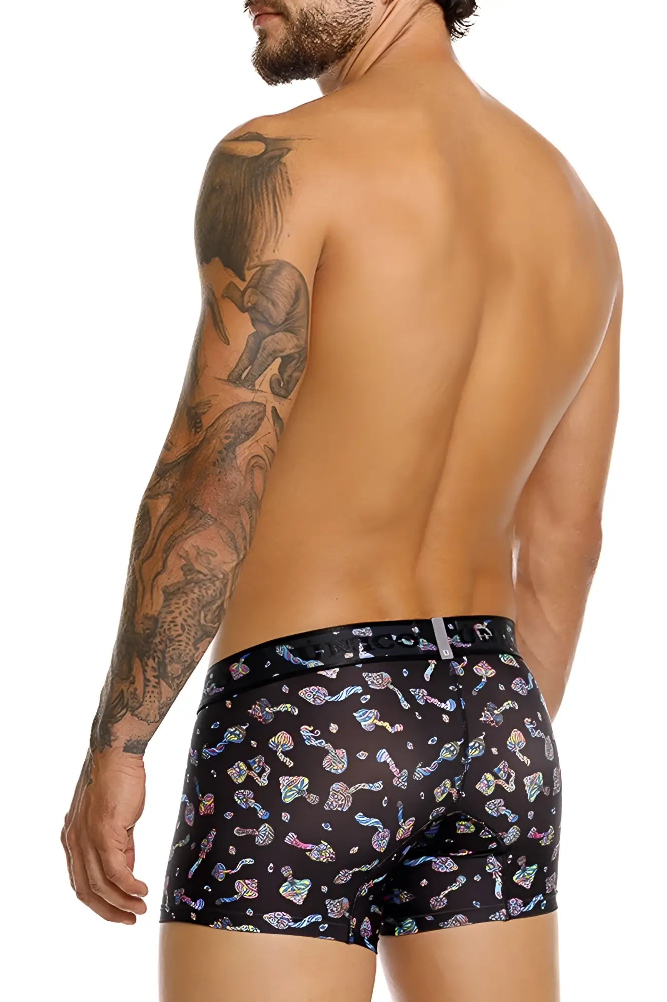Black boxer briefs unico 25060100103 hongos trunks color 99-black with vibrant iridescent abstract shapes and colorful accents
