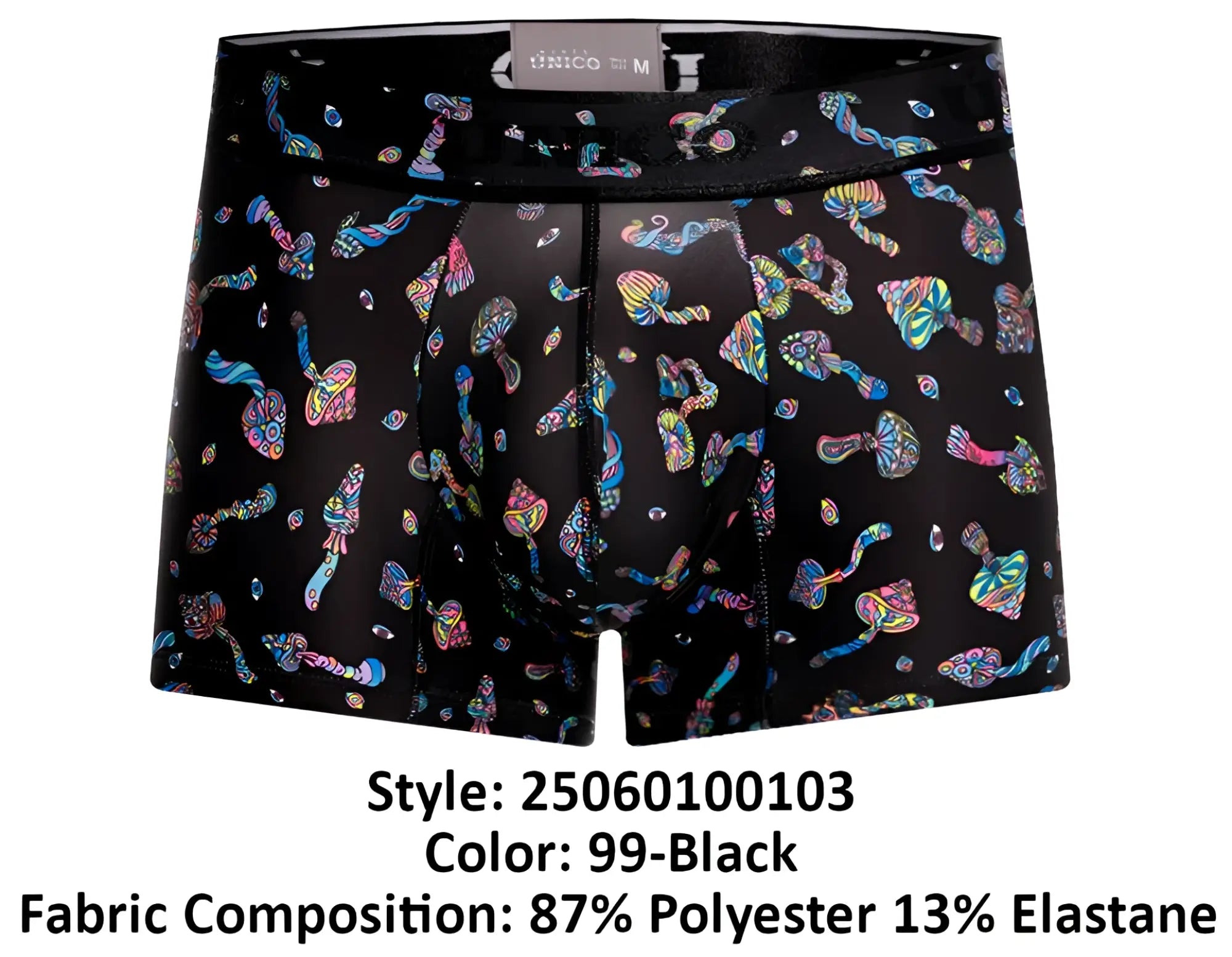 Black unico 25060100103 hongos trunks boxer briefs in black with vibrant iridescent mushroom pattern fabric