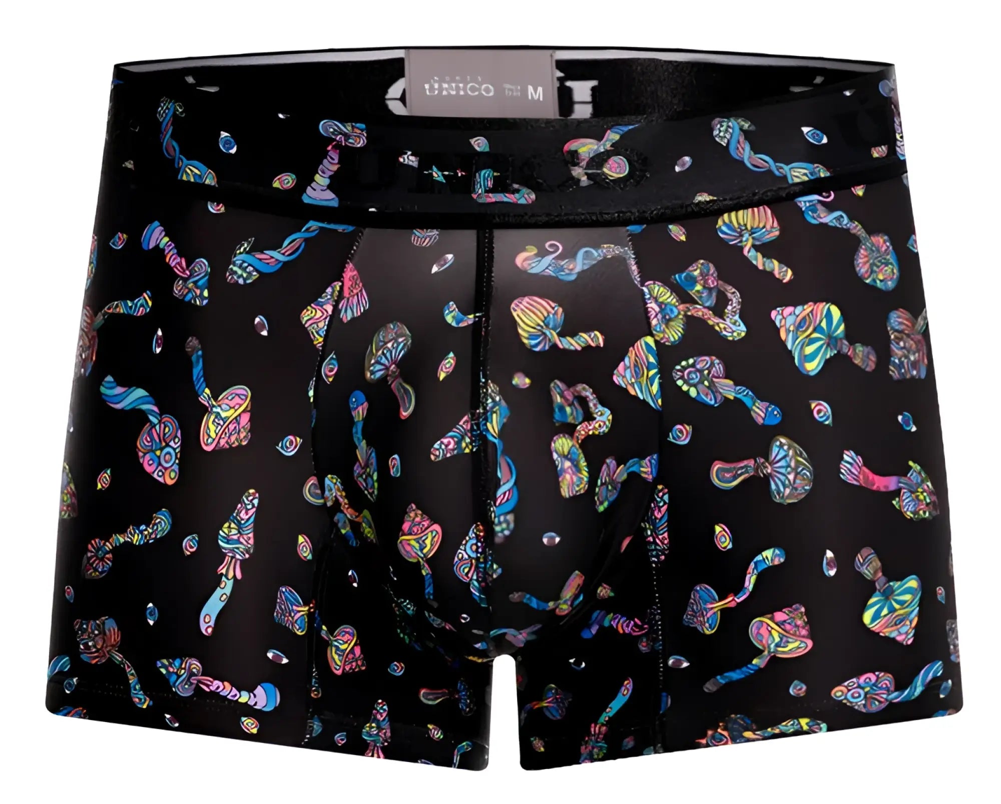 Black unico 25060100103 hongos trunks boxer briefs featuring a vibrant psychedelic mushroom pattern in iridescent hues