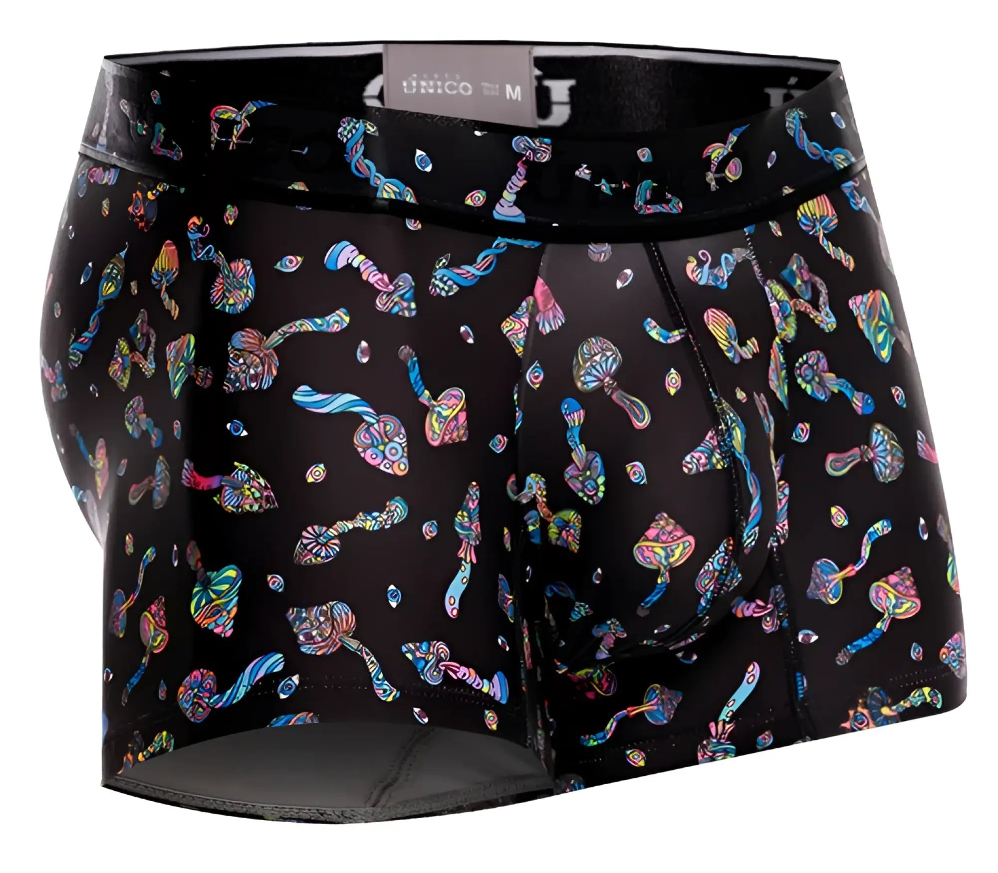 Black unico 25060100103 hongos trunks men’s boxer briefs with vibrant iridescent rainbow mushroom pattern