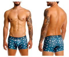 Teal blue boxer briefs with white shark pattern and unico branding on waistband from unico 25060100104 chihuahua trunks