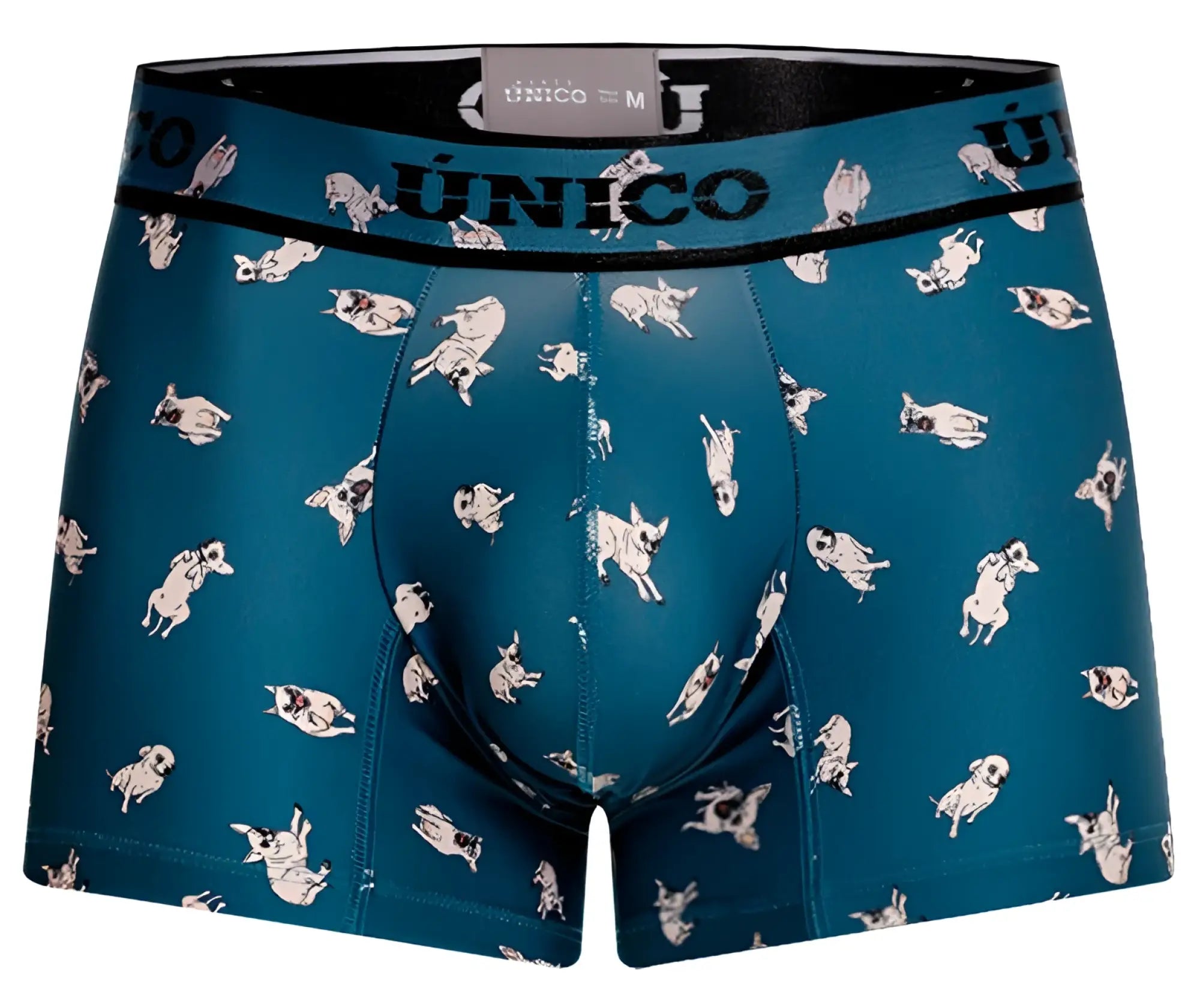 Teal unico boxer briefs with playful white and black pug pattern and unico printed waistband, model 25060100104 chihuahua trunks
