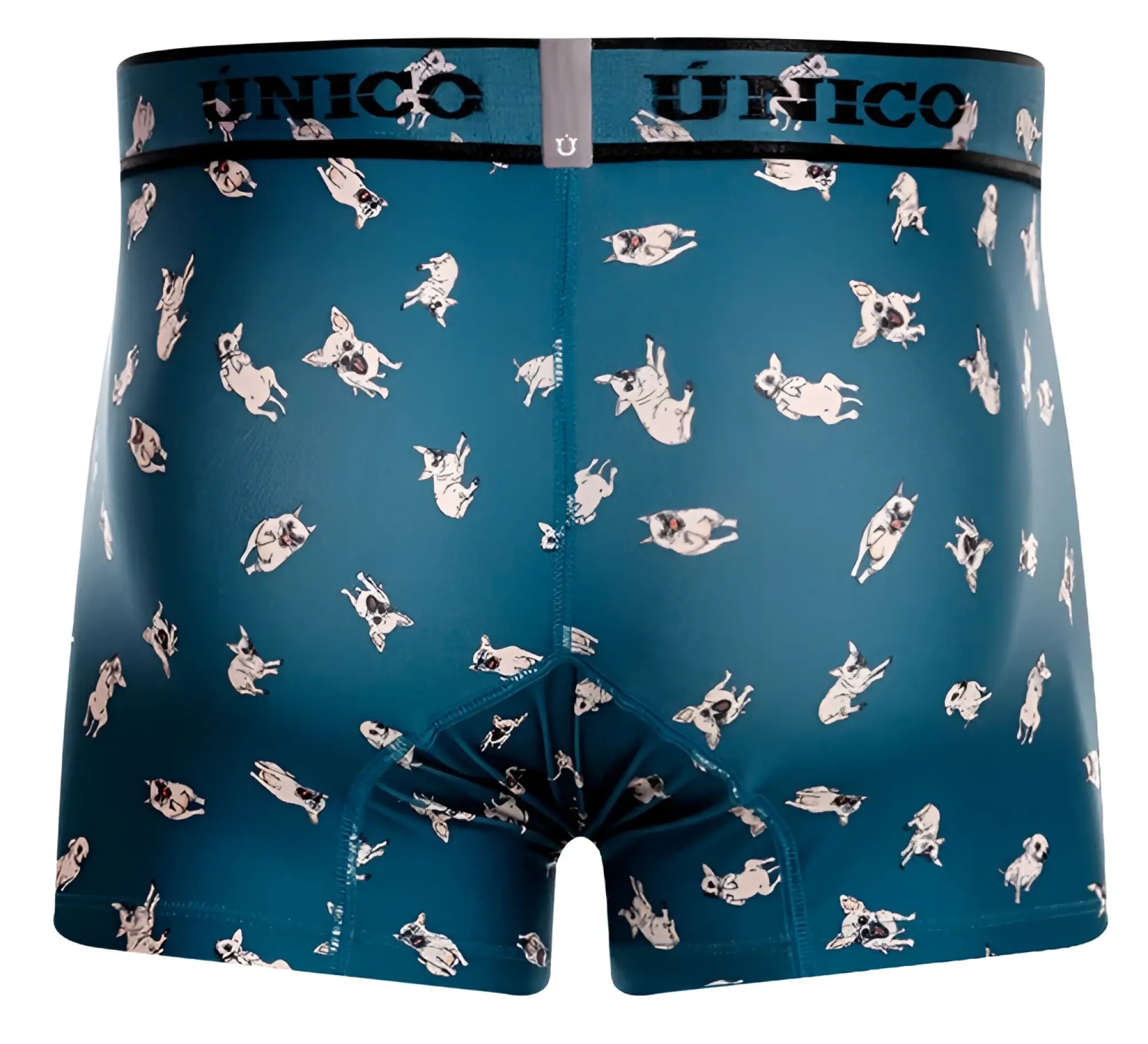 Teal unico boxer briefs with playful white and black pug pattern and unico waistband in blue chihuahua trunks style