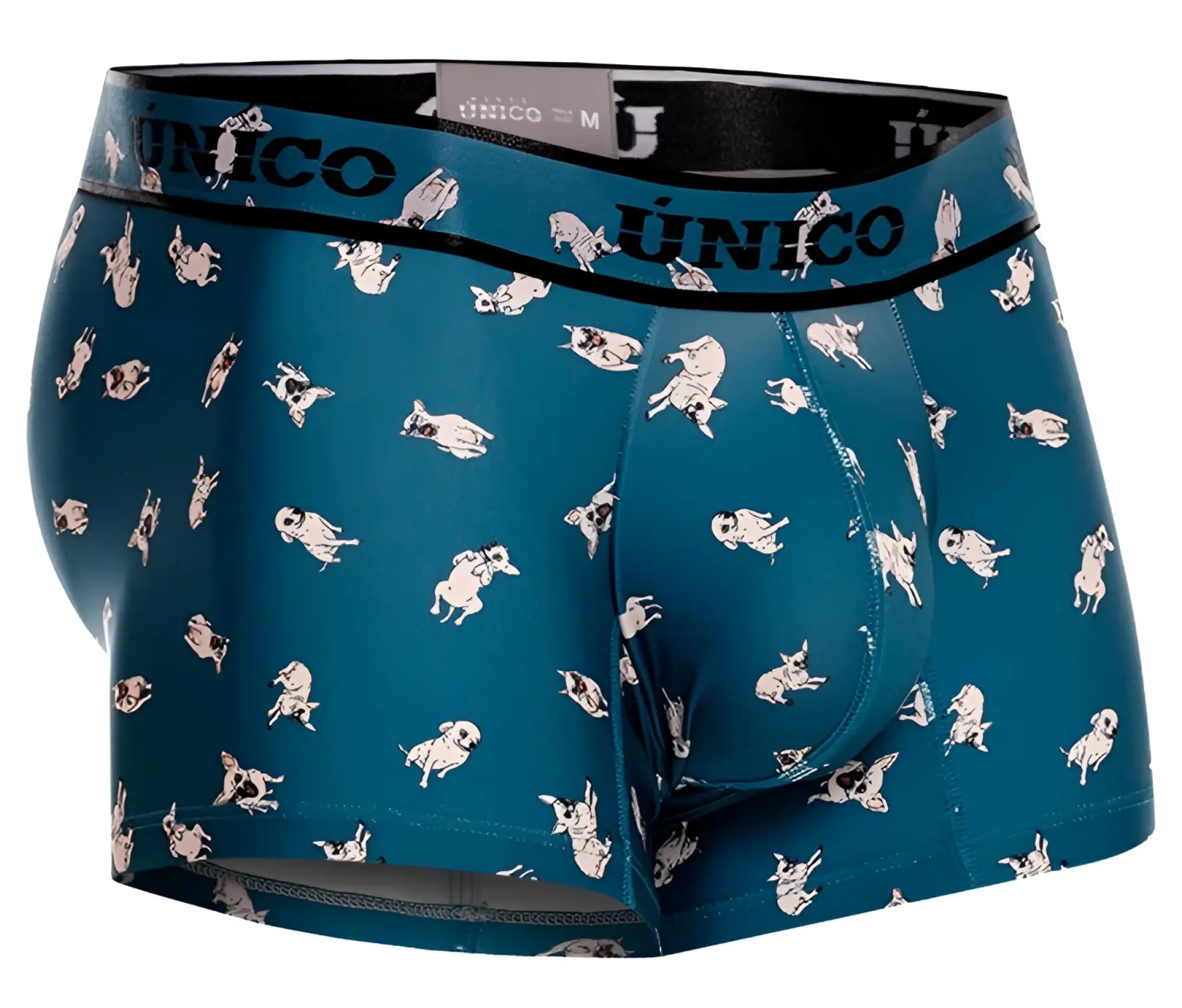 Teal men’s boxer briefs with white and black cartoon pugs pattern branded unico on the waistband blue color trunk
