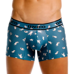 Teal men’s boxer briefs with playful white pug pattern and único branded waistband, unico 25060100104 chihuahua trunks color 43-blue