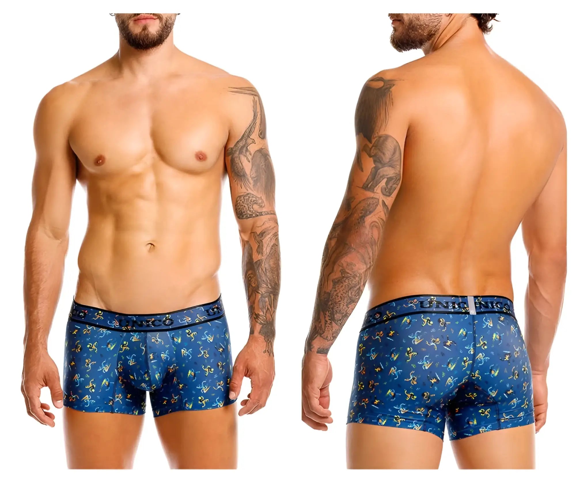 Blue unico 25060100106 pacer trunks boxer briefs with yellow green abstract pattern and luna nick waistband logo