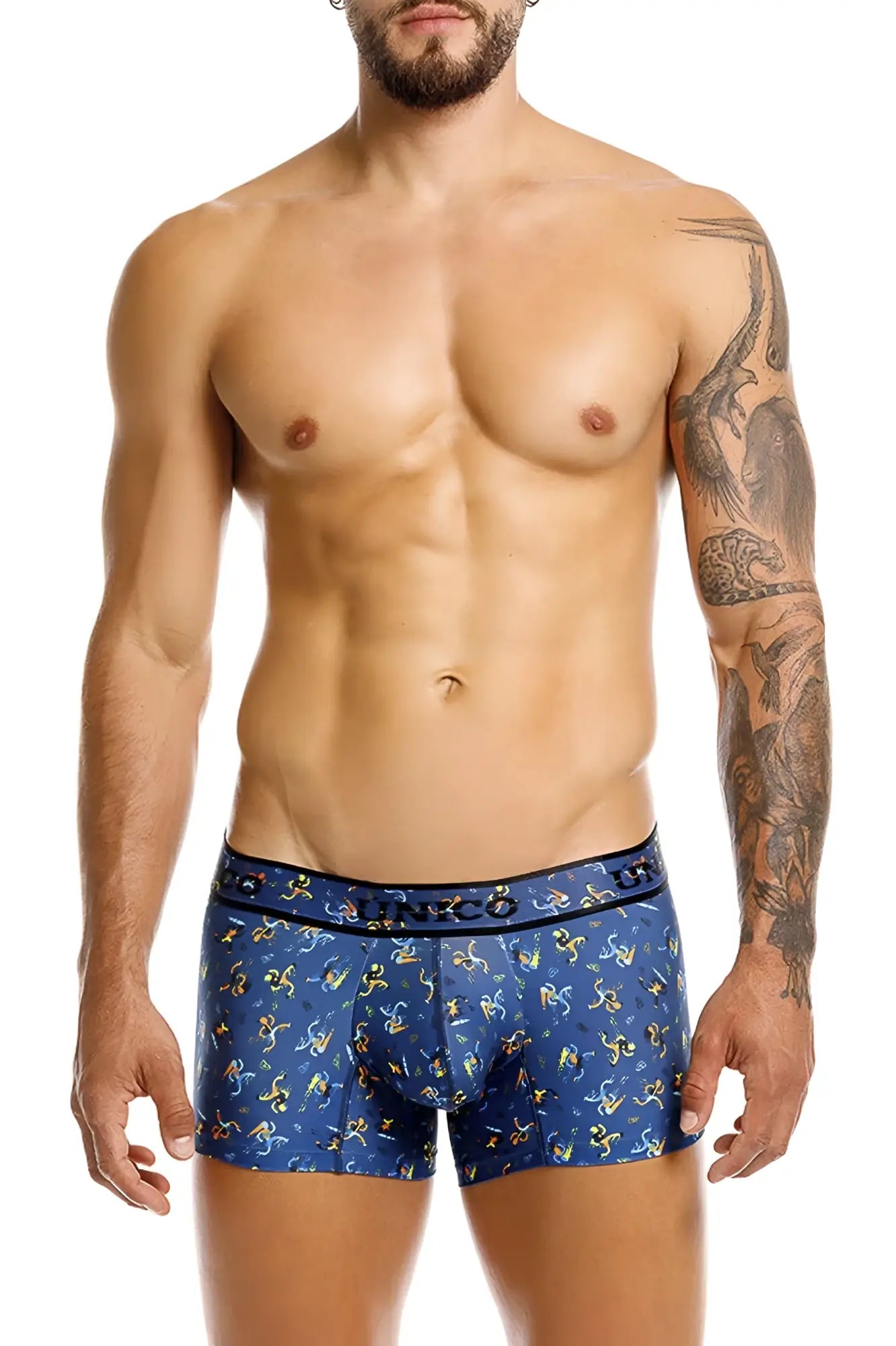 Blue boxer briefs with yellow and white abstract shapes and banco waistband in unico 25060100106 pacer trunks color 46-blue