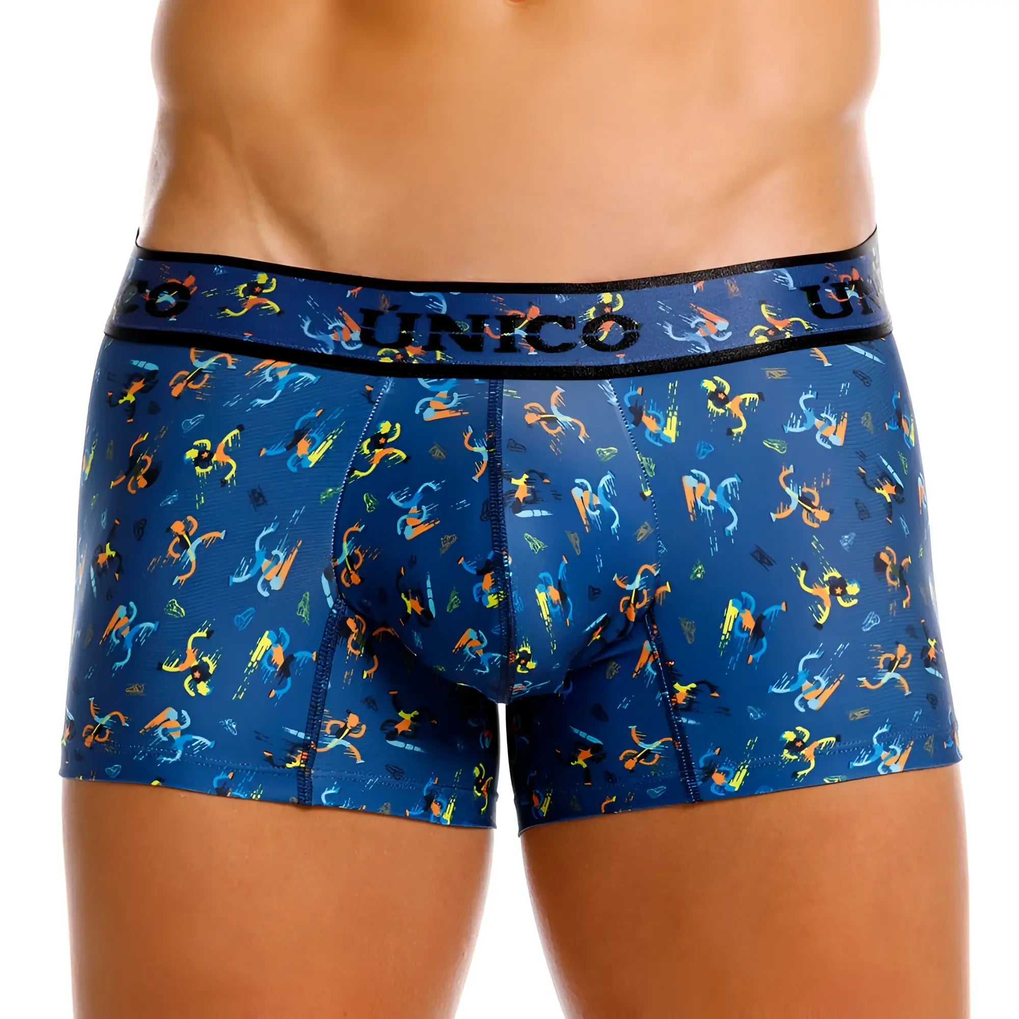 Blue Unico boxer briefs with vibrant orange and yellow abstract pattern in fabric Unico 25060100106 Pacer Trunks Color 46-Blue