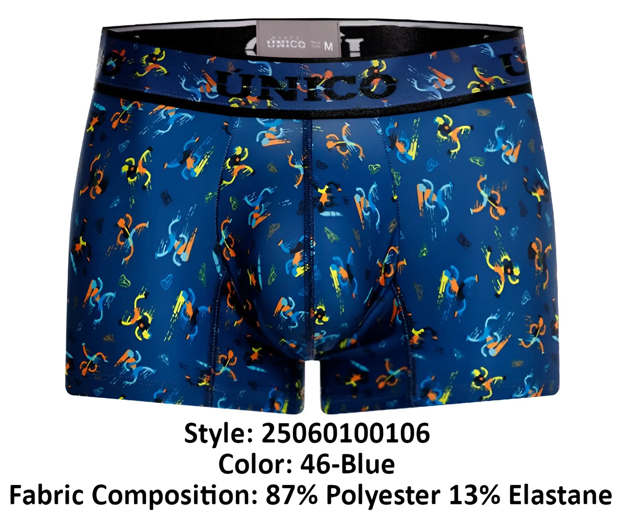 Blue unico men’s boxer briefs with vibrant orange and yellow abstract pattern on dark blue background for comfort