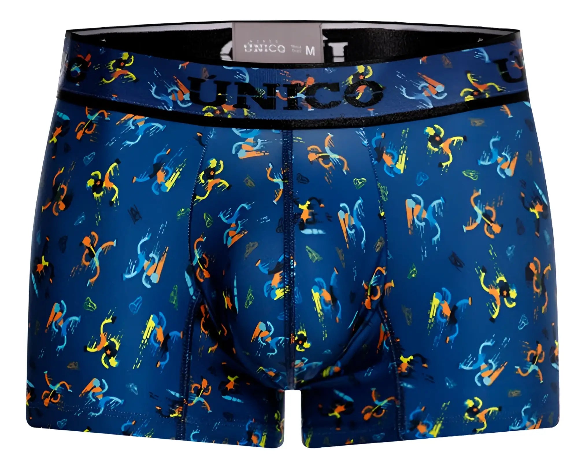 Blue unico mens boxer briefs with a vibrant orange and yellow abstract pattern in pacer trunks color 46 blue