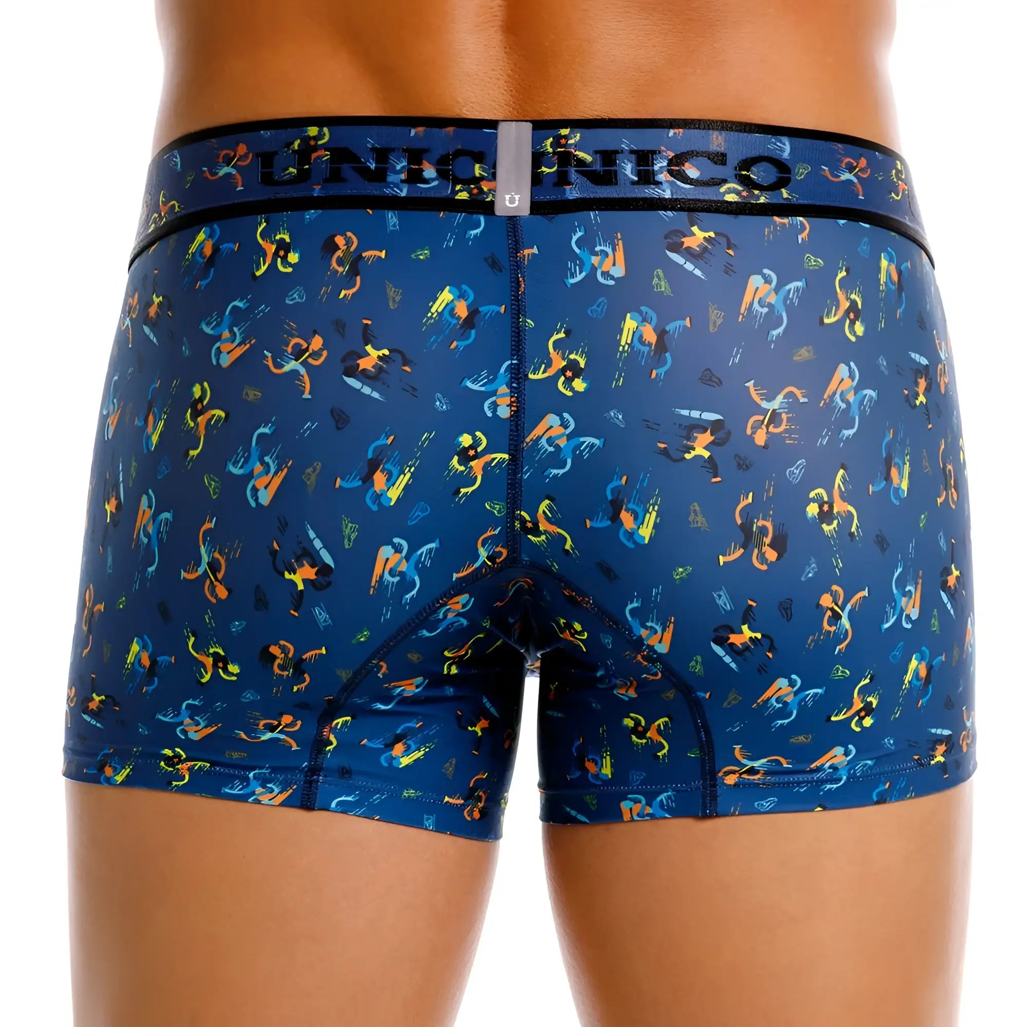 Blue unicico 25060100106 pacer trunks boxer briefs with vibrant abstract orange yellow and teal figures pattern