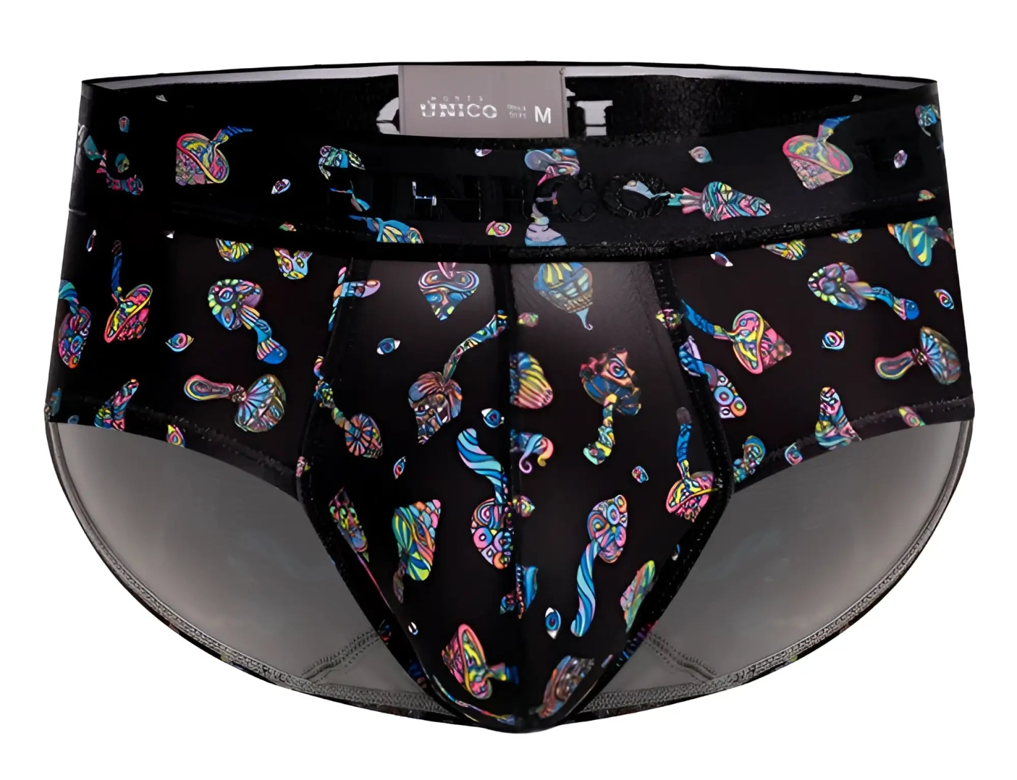 Black unico 25060101103 hongos briefs featuring a vibrant iridescent mushroom pattern on soft fabric