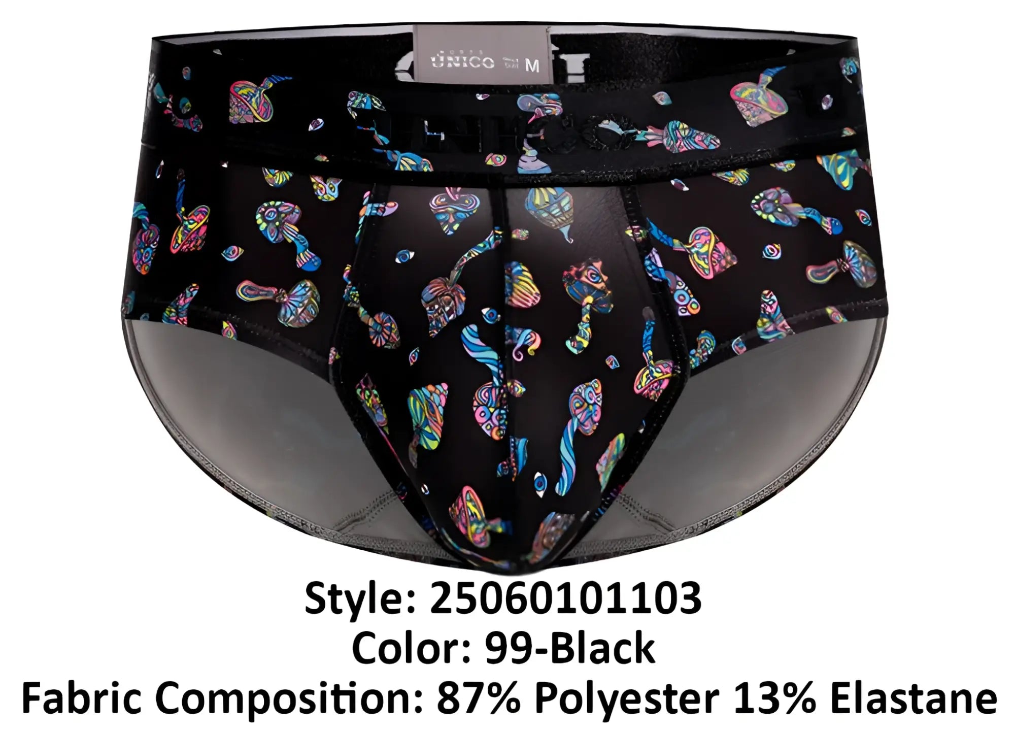 Black unico 25060101103 hongos briefs featuring vibrant iridescent mushroom pattern on breathable fabric