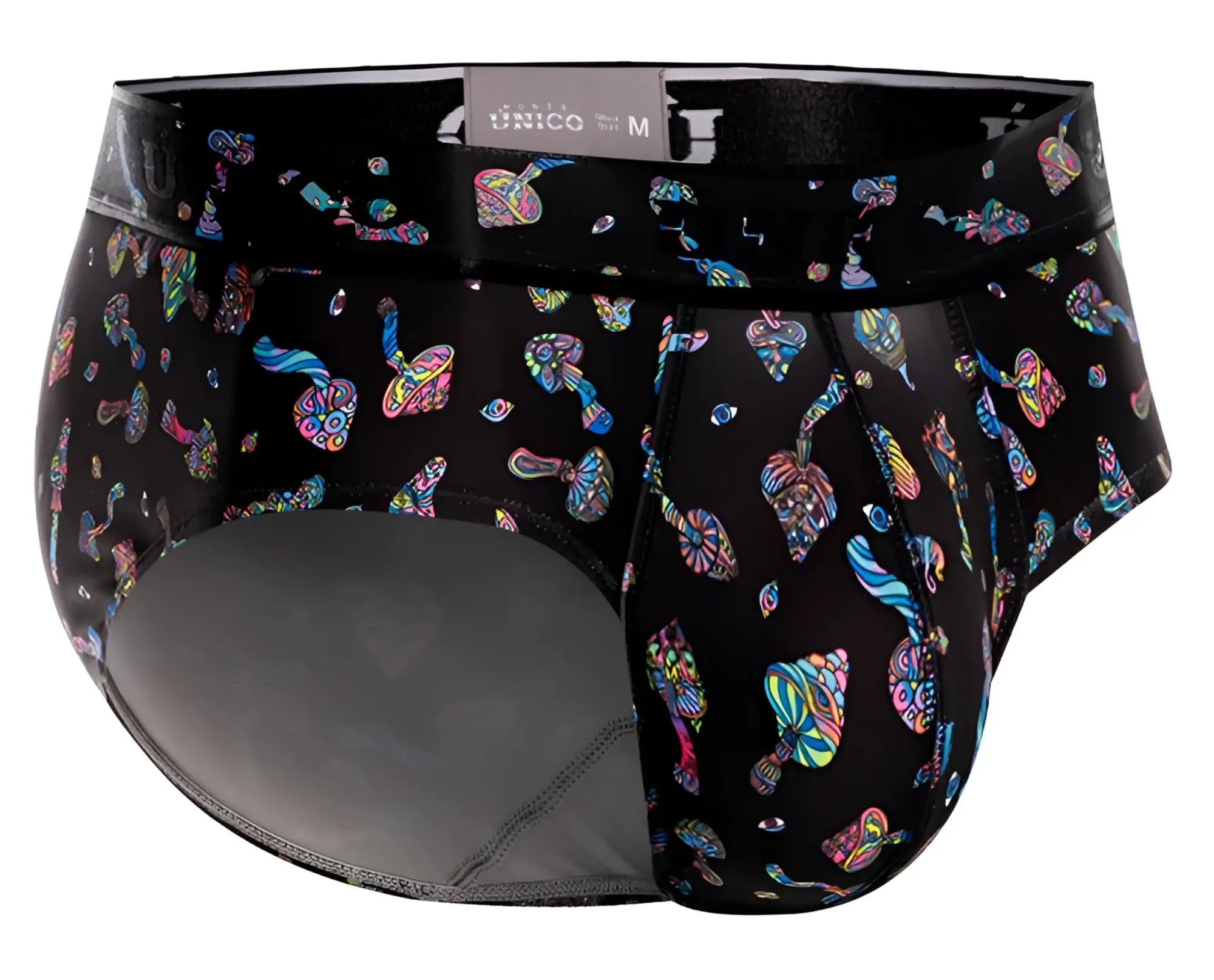 Black unico mens briefs with vibrant psychedelic rainbow mushroom pattern in color 99-black for comfortable wear