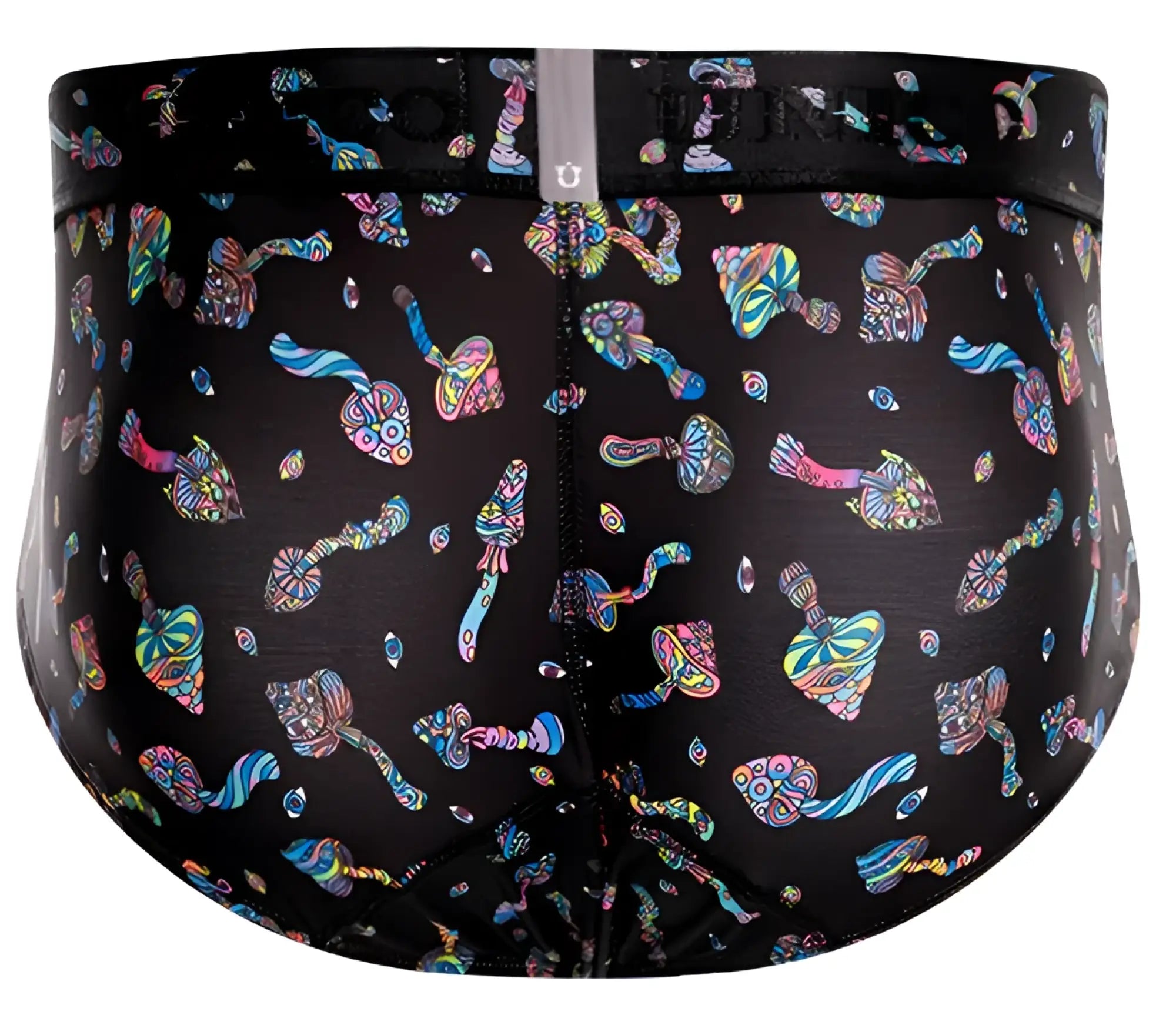 Unico 25060101103 hongos briefs black men’s underwear with vibrant psychedelic mushroom pattern in iridescent pink blue green