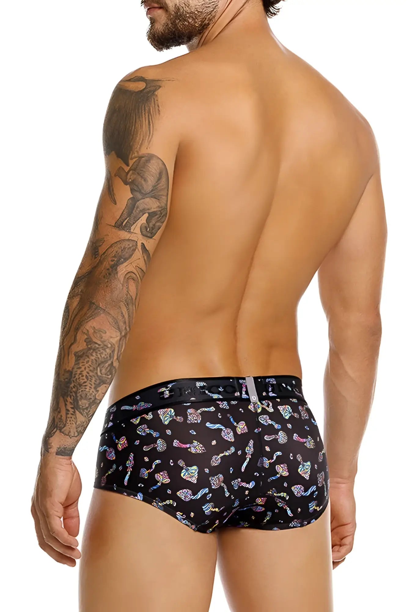 Black briefs unico 25060101103 with a vibrant iridescent pattern of colorful mushrooms and abstract shapes