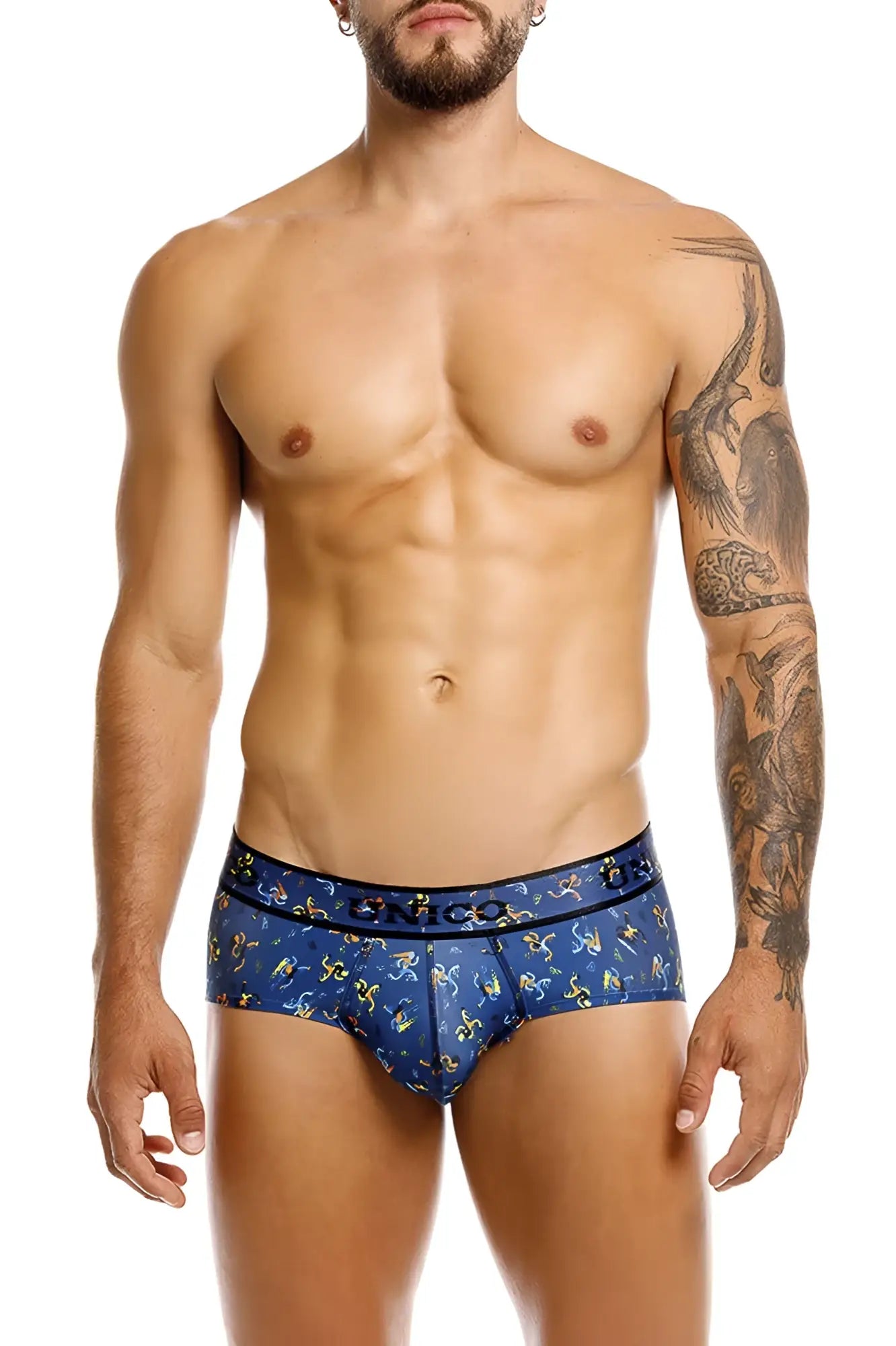 Blue men’s briefs with yellow and white abstract designs and bicco branded waistband unico 25060101106 pacer briefs
