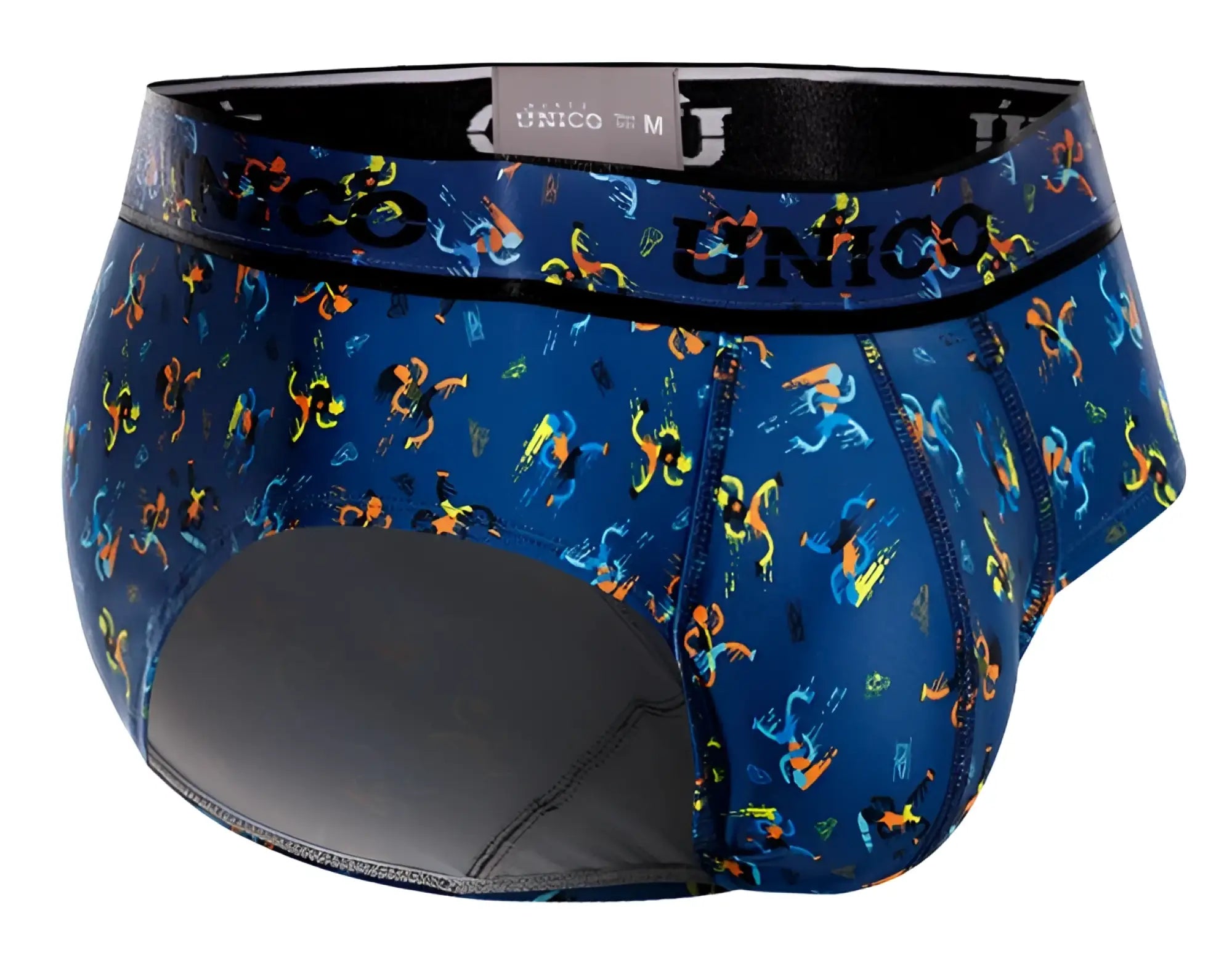 Blue unico men’s briefs with vibrant colorful abstract pattern and black elastic waistband model 25060101106 pacer briefs