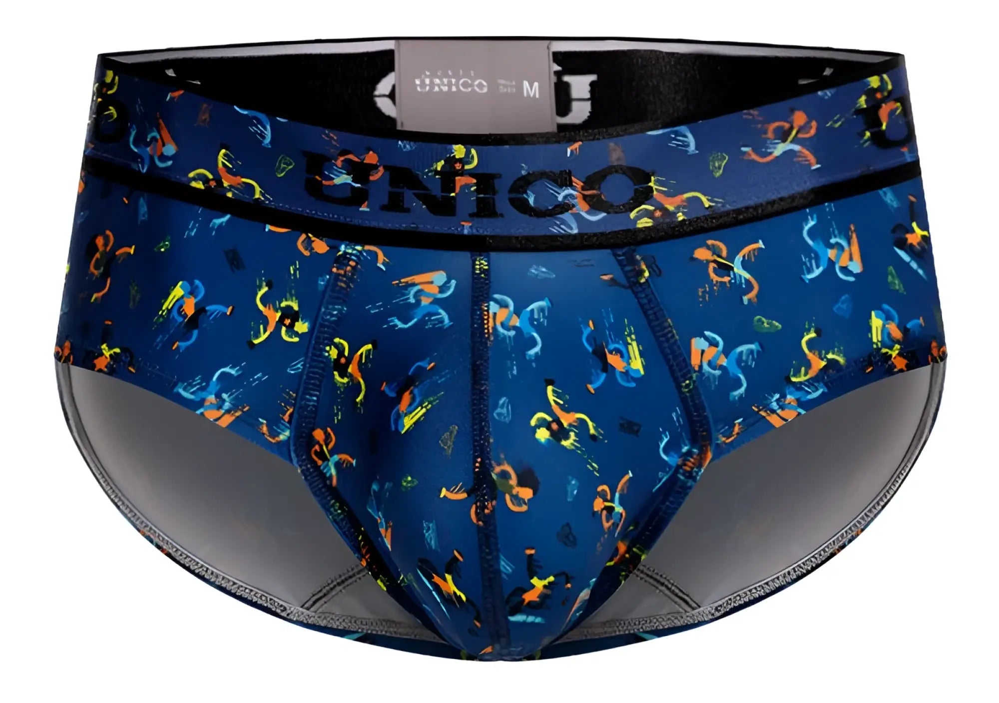 Blue unico men’s briefs featuring a vibrant multicolored abstract pattern with black trim, model pacer briefs color 46-blue
