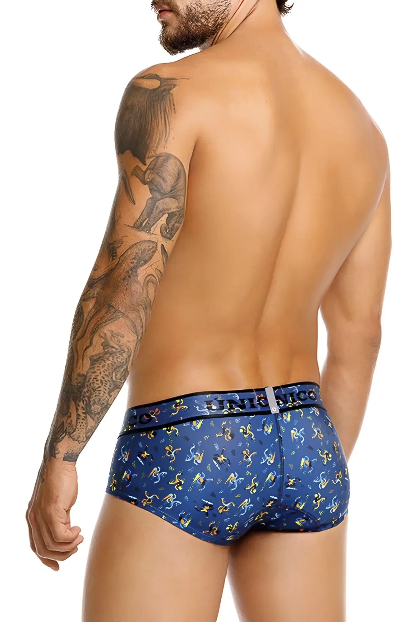Blue unico 25060101106 pacer briefs featuring yellow and white abstract shapes with linth nico branded waistband