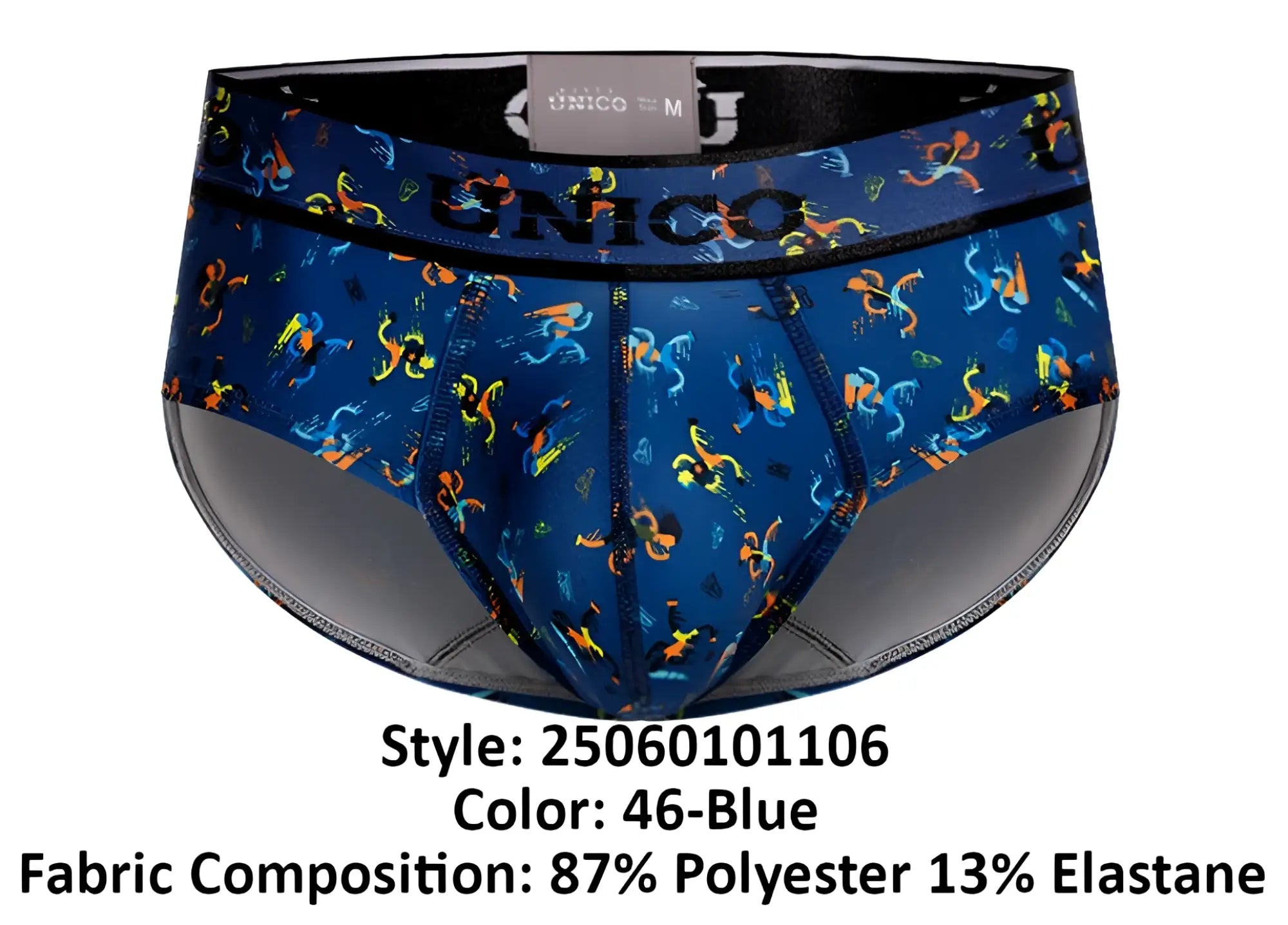 Unico 25060101106 pacer briefs in blue with vibrant colorful stylized figures on fabric for men’s underwear