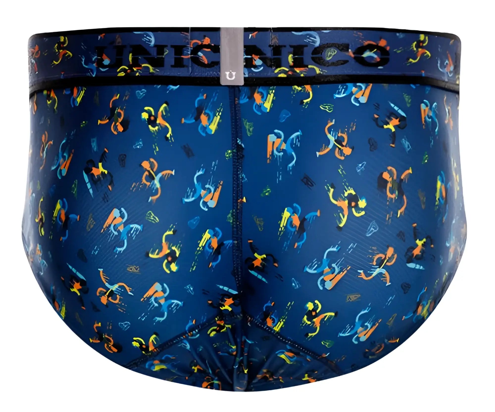 Blue unico 25060101106 pacer briefs with vibrant abstract pattern featuring dynamic orange yellow and light blue figures