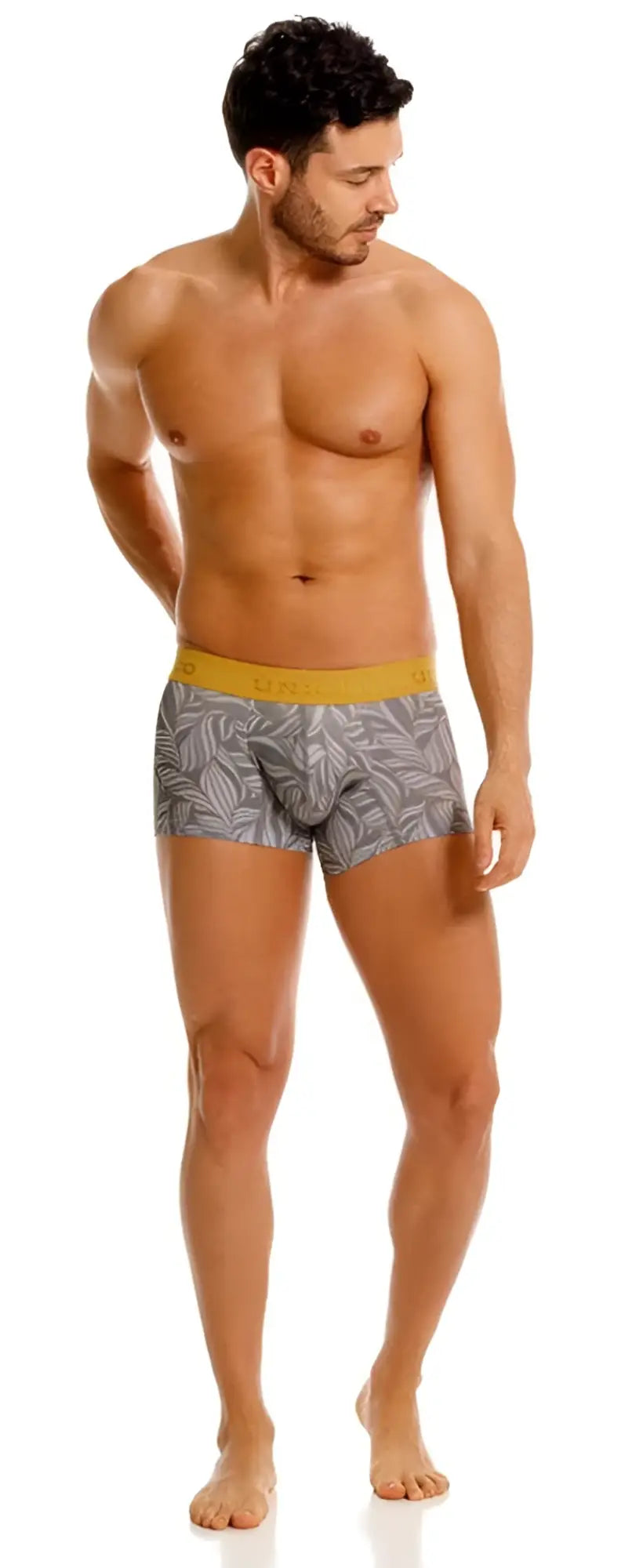 Gray boxer briefs with leaf pattern and yellow waistband from unico 25070100104 caudal trunks color 59-gray