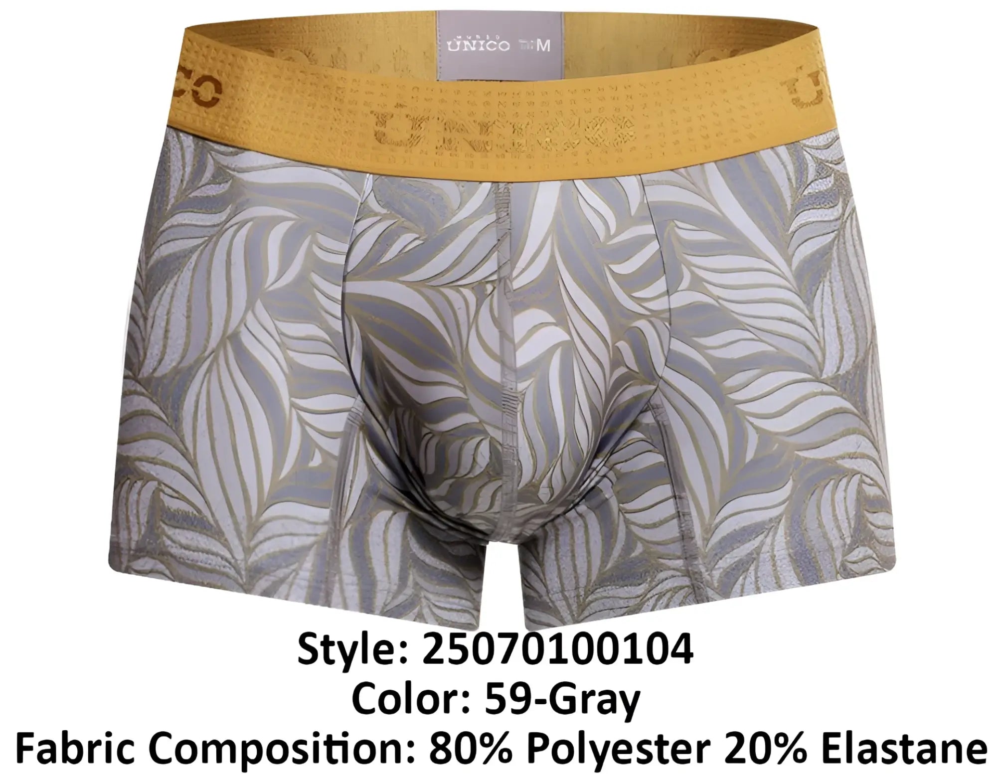 Gray Unico 25070100104 Caudal trunks boxer briefs with metallic gold and silver leaf pattern and mustard-yellow waistband