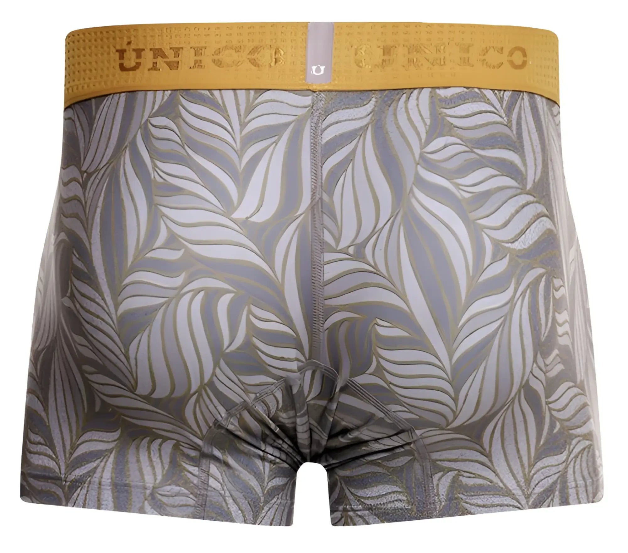 Gray and gold leaf-patterned Unico boxer briefs with a textured waistband in color 59-Gray