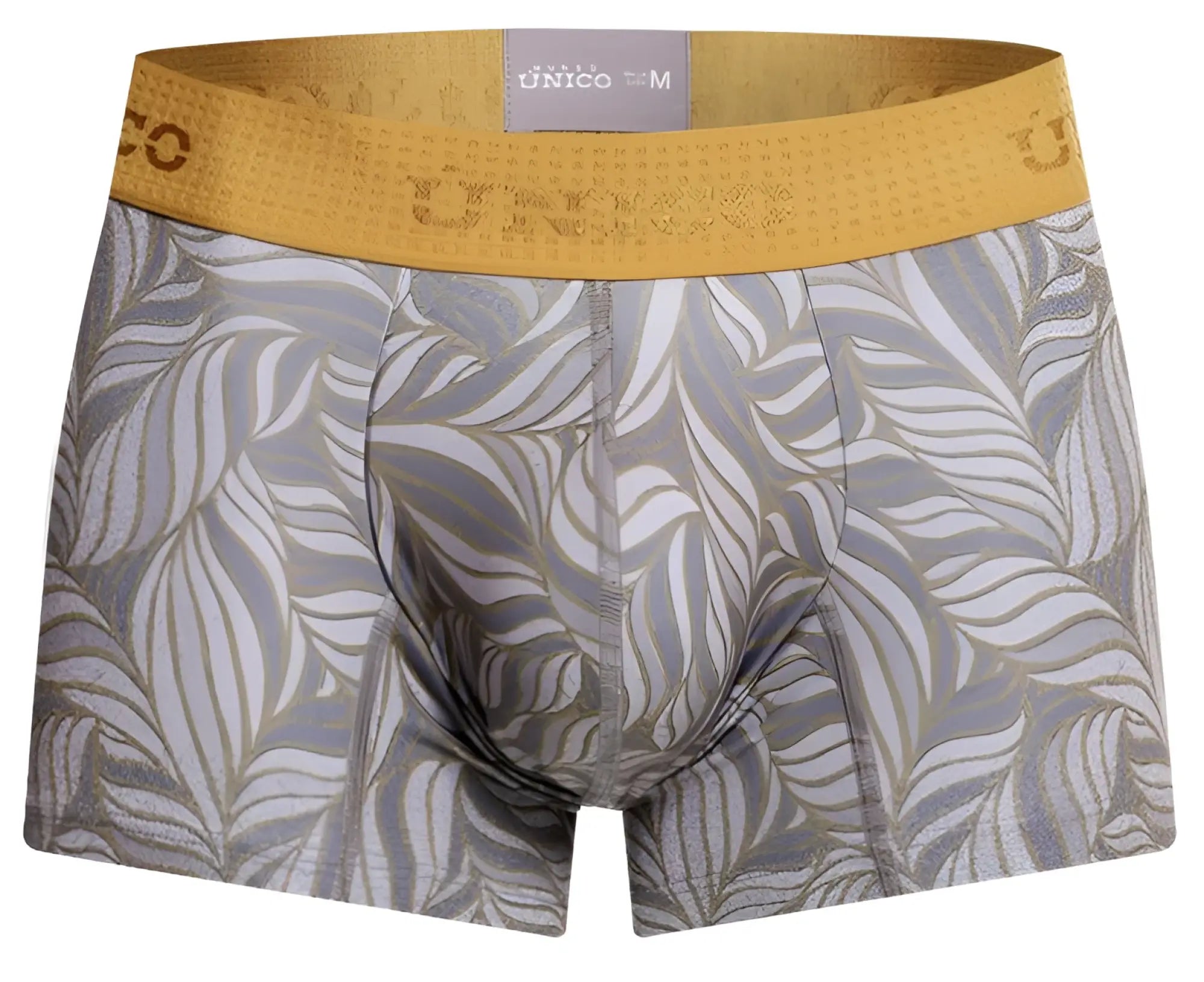 Unico 25070100104 caudal trunks men’s boxer briefs gray and gold leaf pattern with yellow elastic waistband