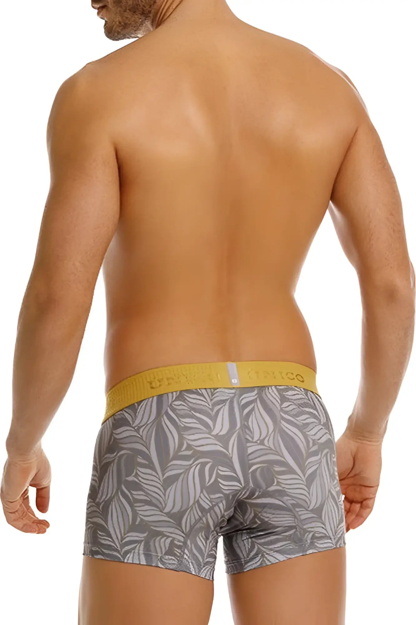 Gray leaf-patterned boxer briefs with a yellow waistband from unico caudal trunks color 59-gray front view