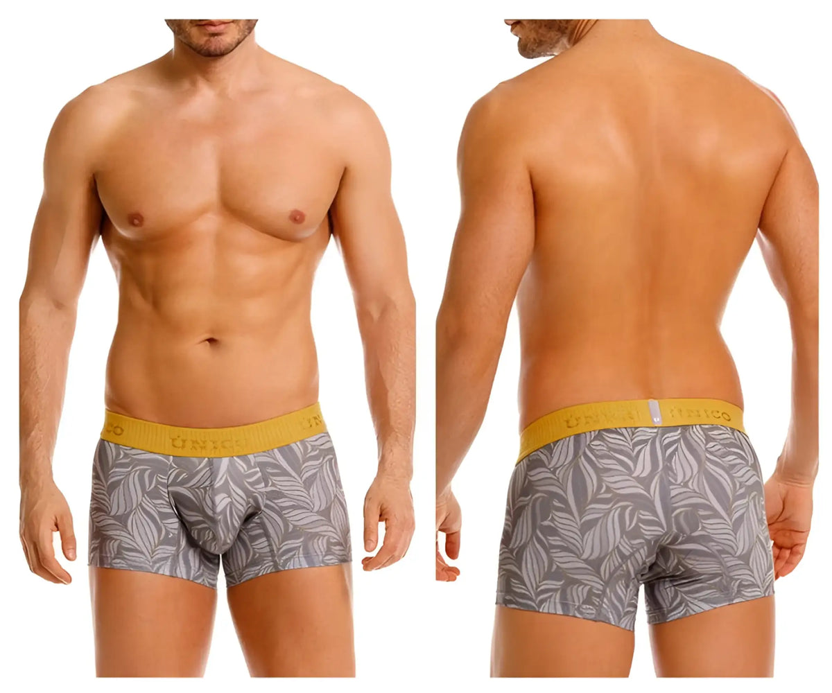 Gray unico 25070100104 caudal trunks boxer briefs with white leaf pattern and yellow elastic waistband