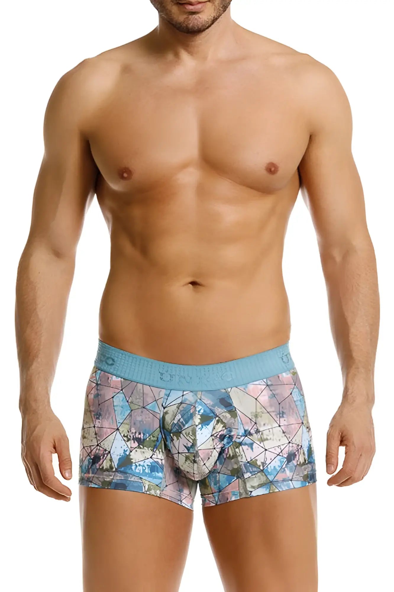 Unico 25070100105 vitral trunks blue and pink geometric patterned boxer briefs with light blue elastic waistband
