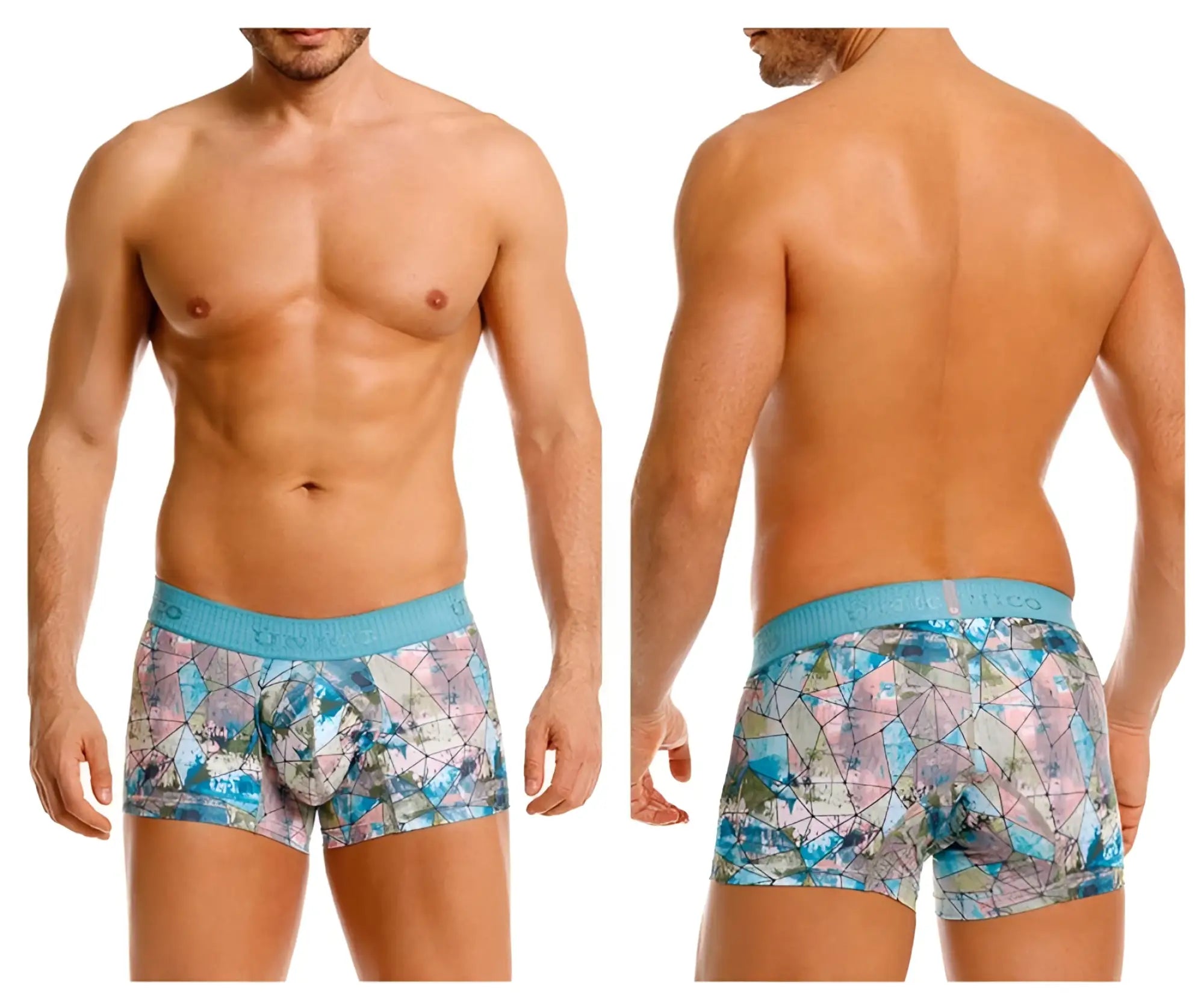 Unico 25070100105 vitral trunks men’s boxer briefs with blue and pink geometric pattern and light blue waistband