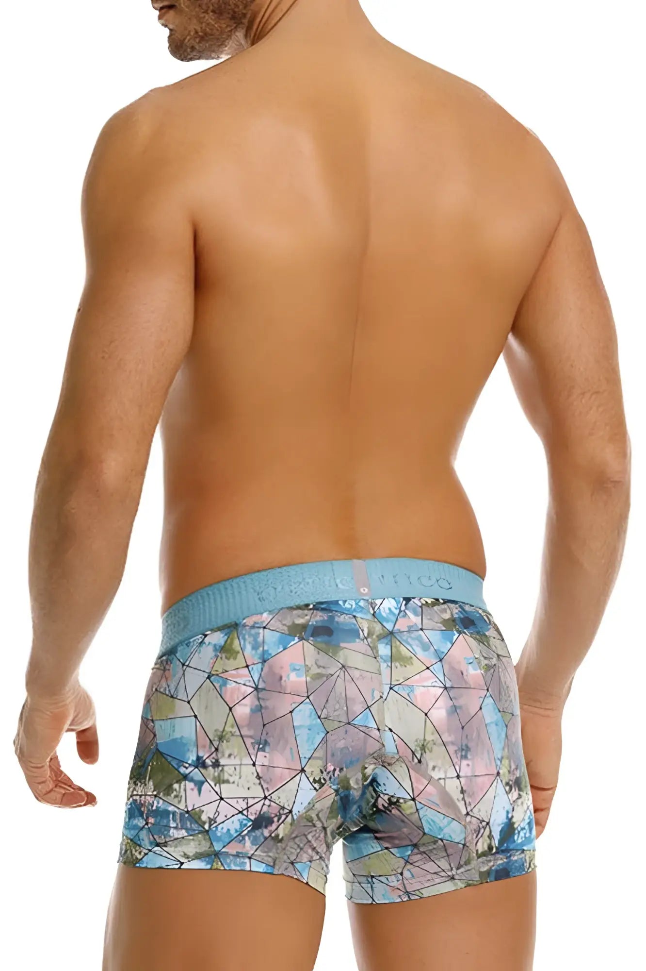 Unico 25070100105 Vitral men’s boxer briefs in blue and pink geometric pattern with light blue elastic waistband