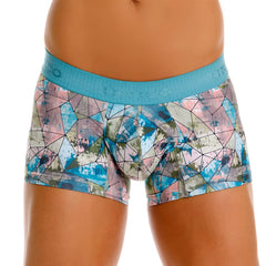 Unico vitral trunks color 46 printed boxer briefs with blue and pink geometric pattern and textured turquoise waistband
