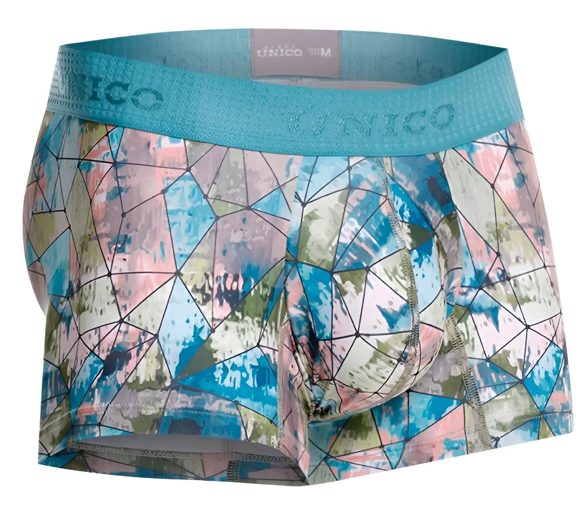 Unico 25070100105 vitral trunks men’s boxer briefs with blue pink green geometric pattern and stretchy teal waistband