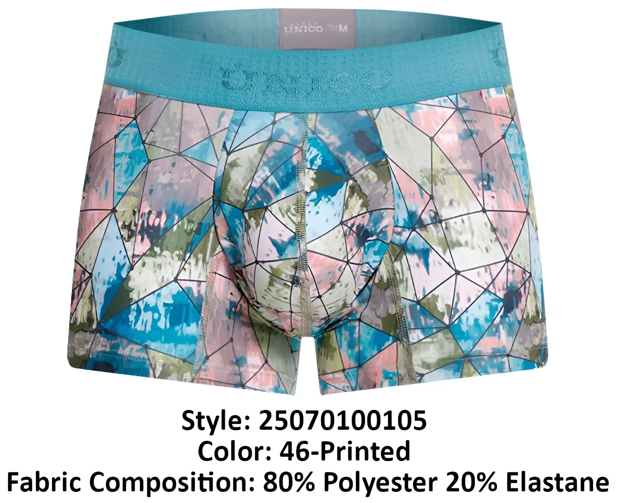 A pair of unico vitral trunks boxer briefs with vibrant blue pink beige geometric print and teal elastic waistband