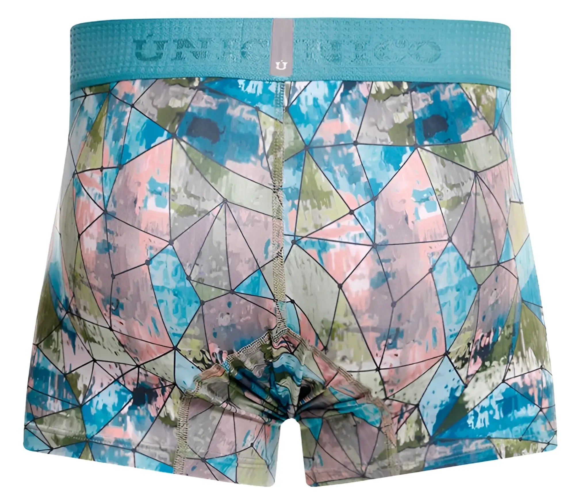 Teal and multicolored geometric men’s boxer briefs with a textured waistband from Unico Vitral trunks color 46 printed