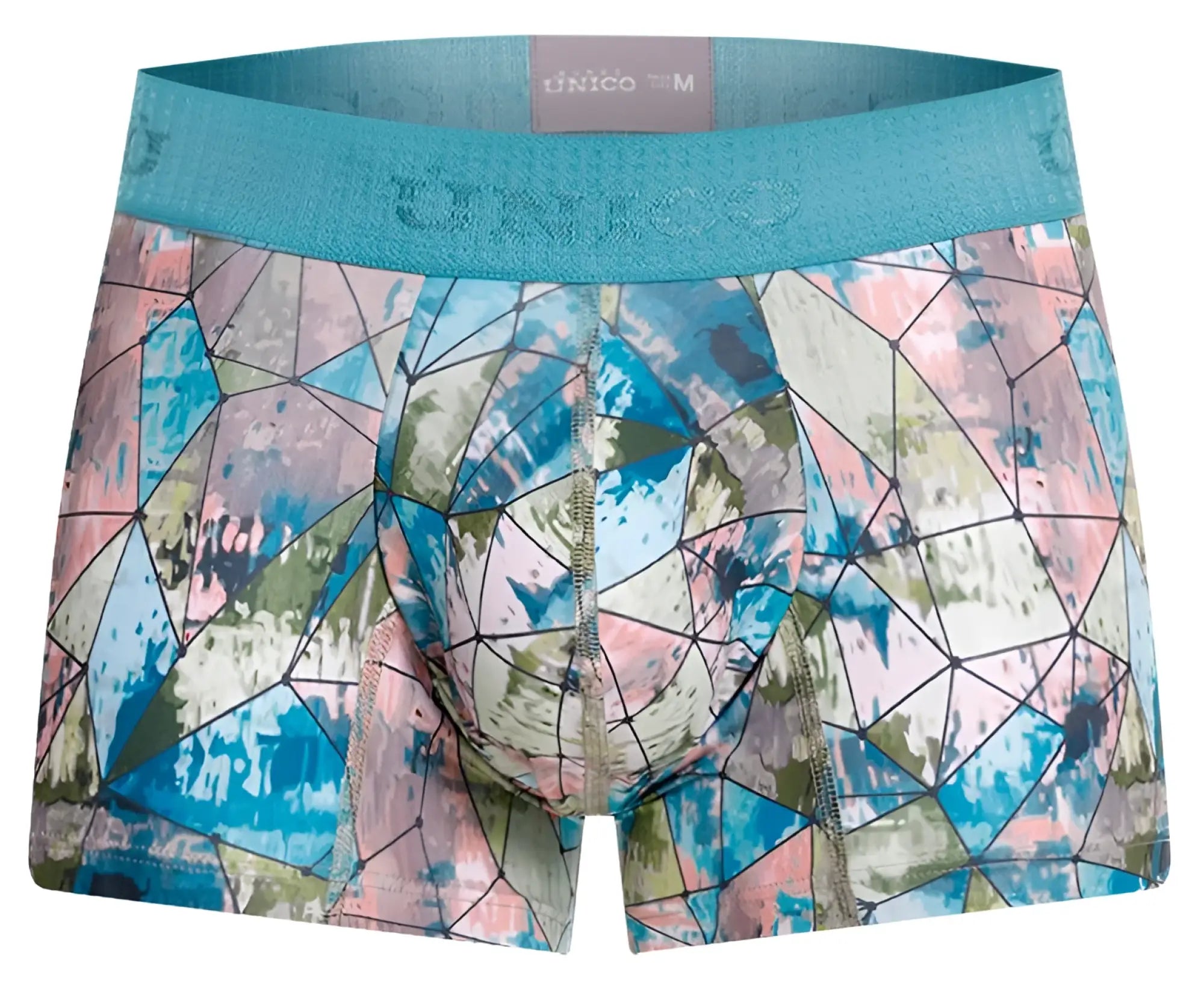 Teal and multicolored geometric pattern unico men’s boxer briefs with textured waistband vitral trunks color 46 printed